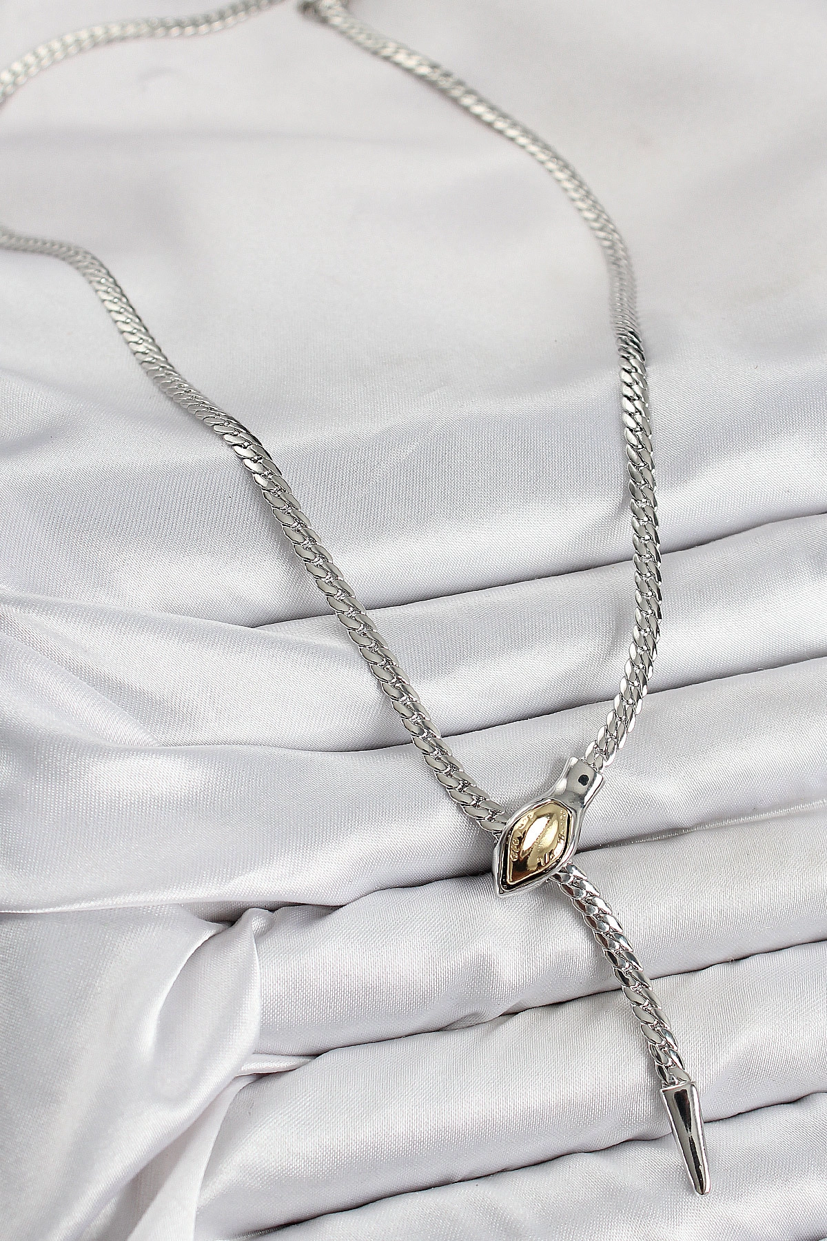 Pirinç Asansörlü Yılan Model Gümüş Renk Kadın Kolye-1