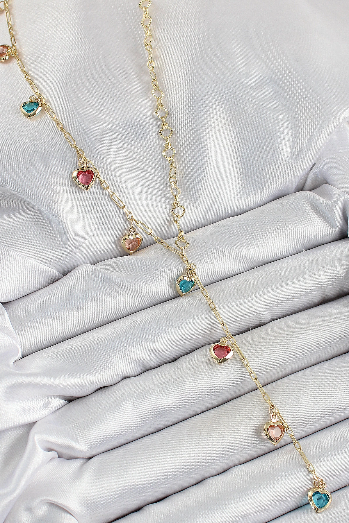 Pirinç Asorti Kalp Model Gold Renk Zirkon Taşlı Y Kolye-0