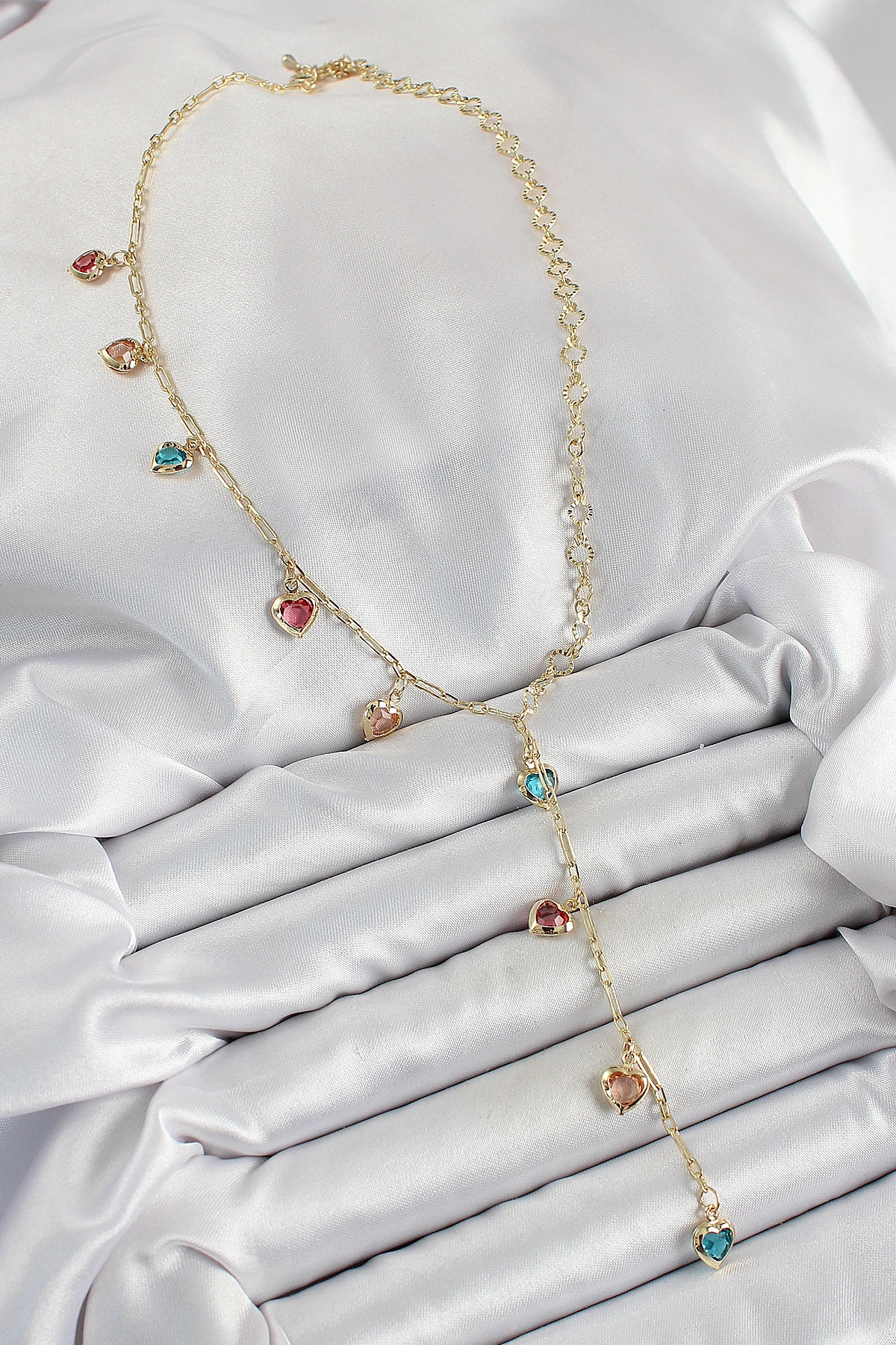 Pirinç Asorti Kalp Model Gold Renk Zirkon Taşlı Y Kolye-1