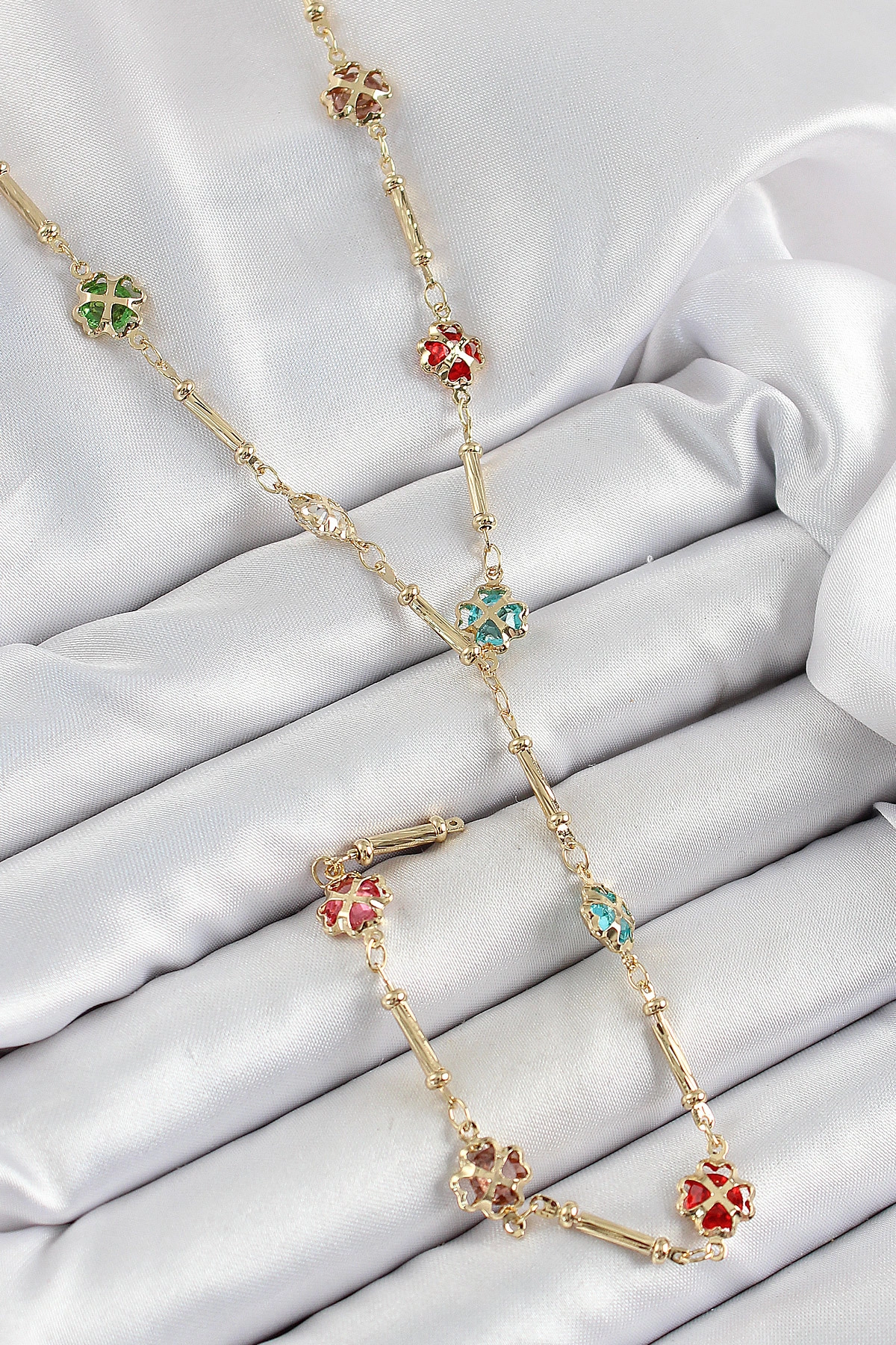 Pirinç Asorti Kalpli Yonca Model Gold Renk Zirkon Taşlı Y Kolye-0