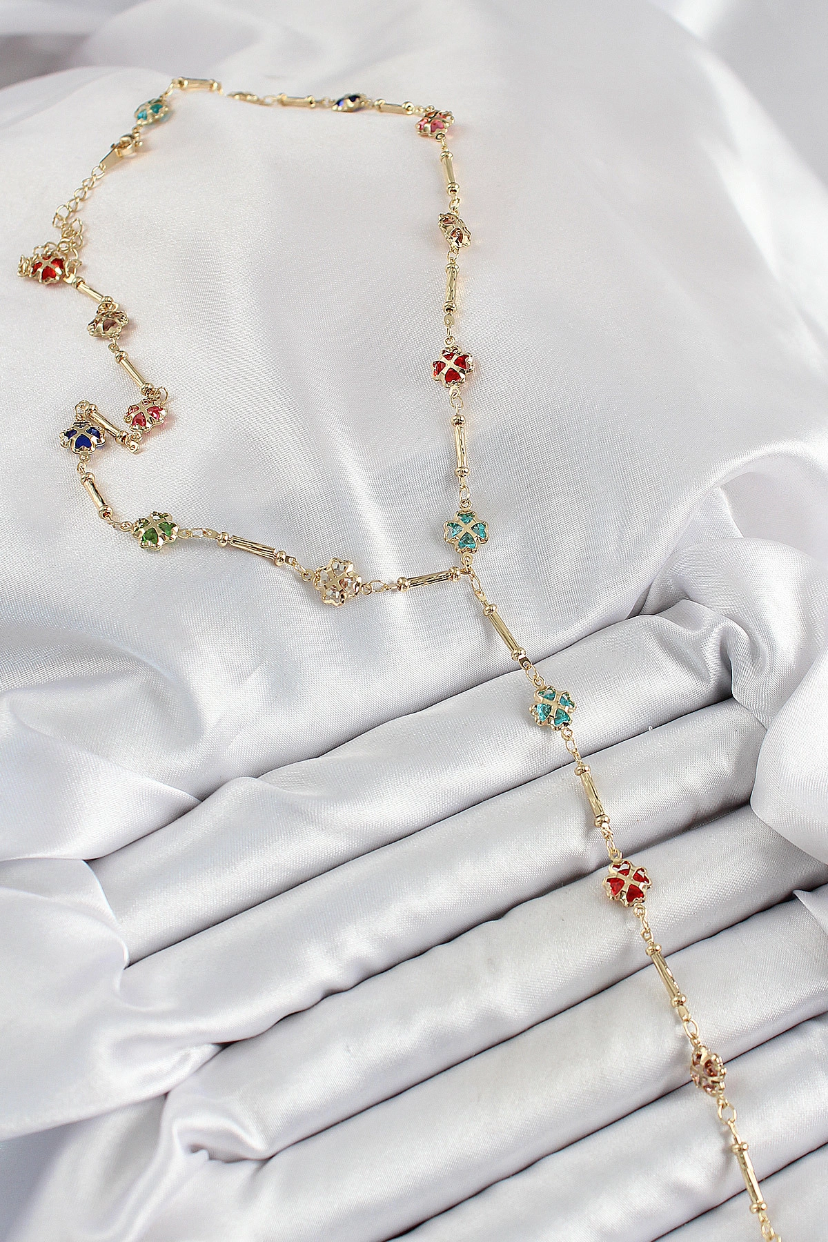 Pirinç Asorti Kalpli Yonca Model Gold Renk Zirkon Taşlı Y Kolye-1