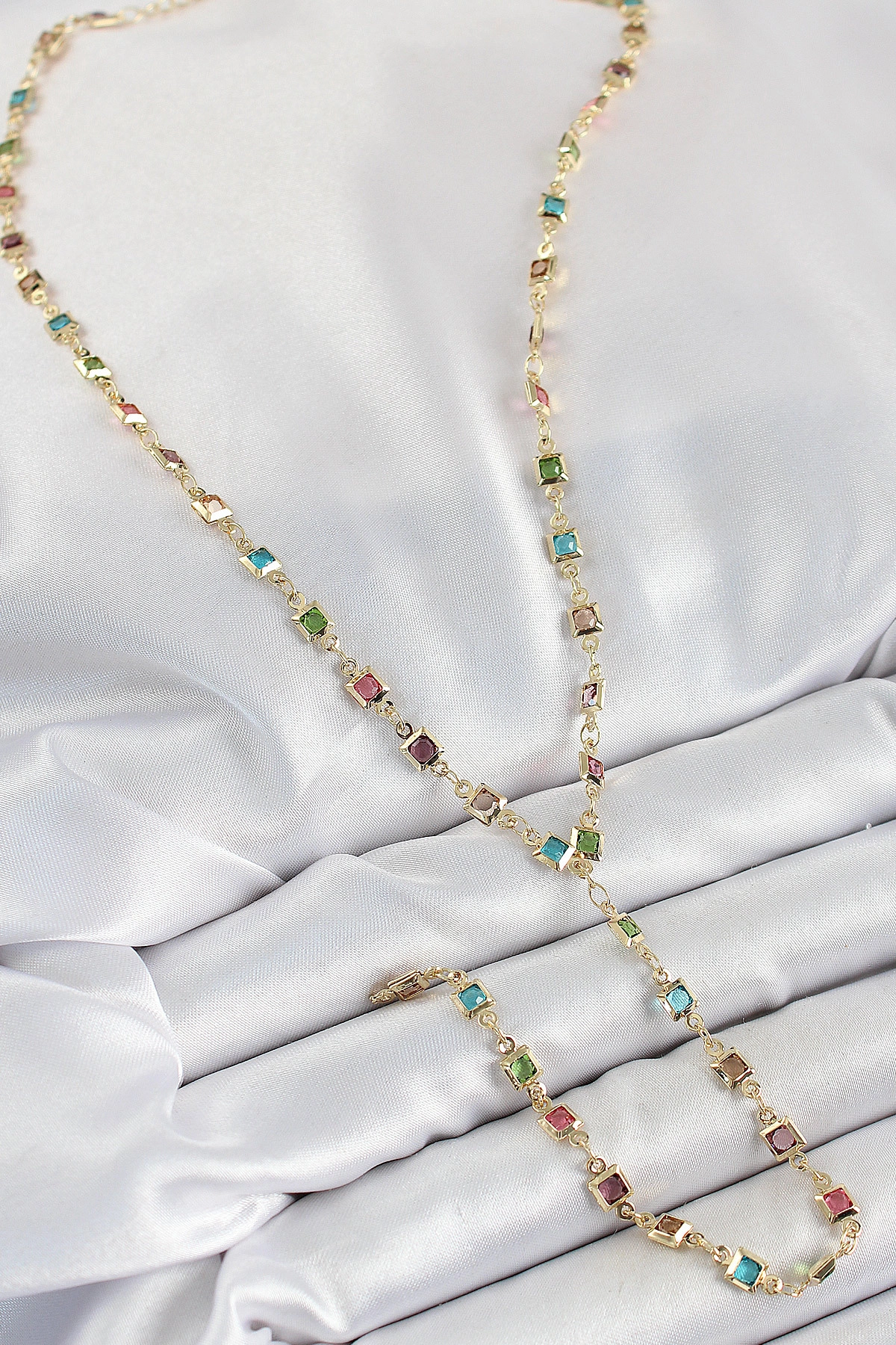 Pirinç Asorti Kare Model Gold Renk Zirkon Taşlı Y Kolye-1