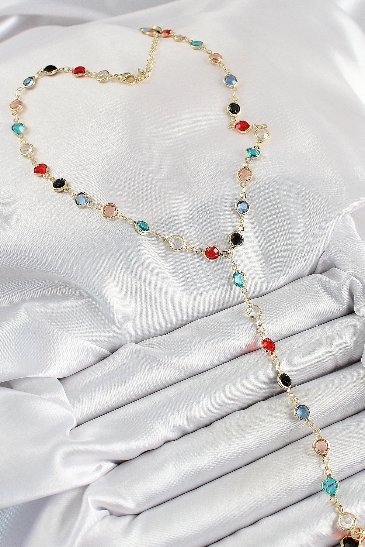 Pirinç Asorti Model Gold Renk Zirkon Taşlı Y Kolye-1