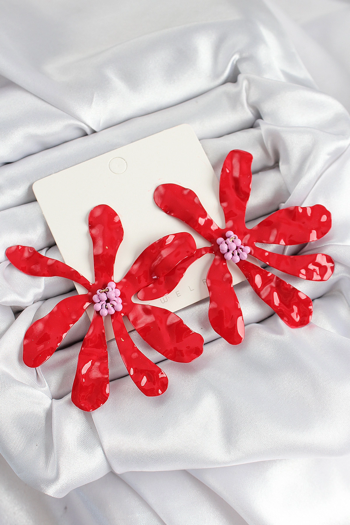 Pirinç Büyük Kırmızı Çiçek Model Kadın Küpe-0