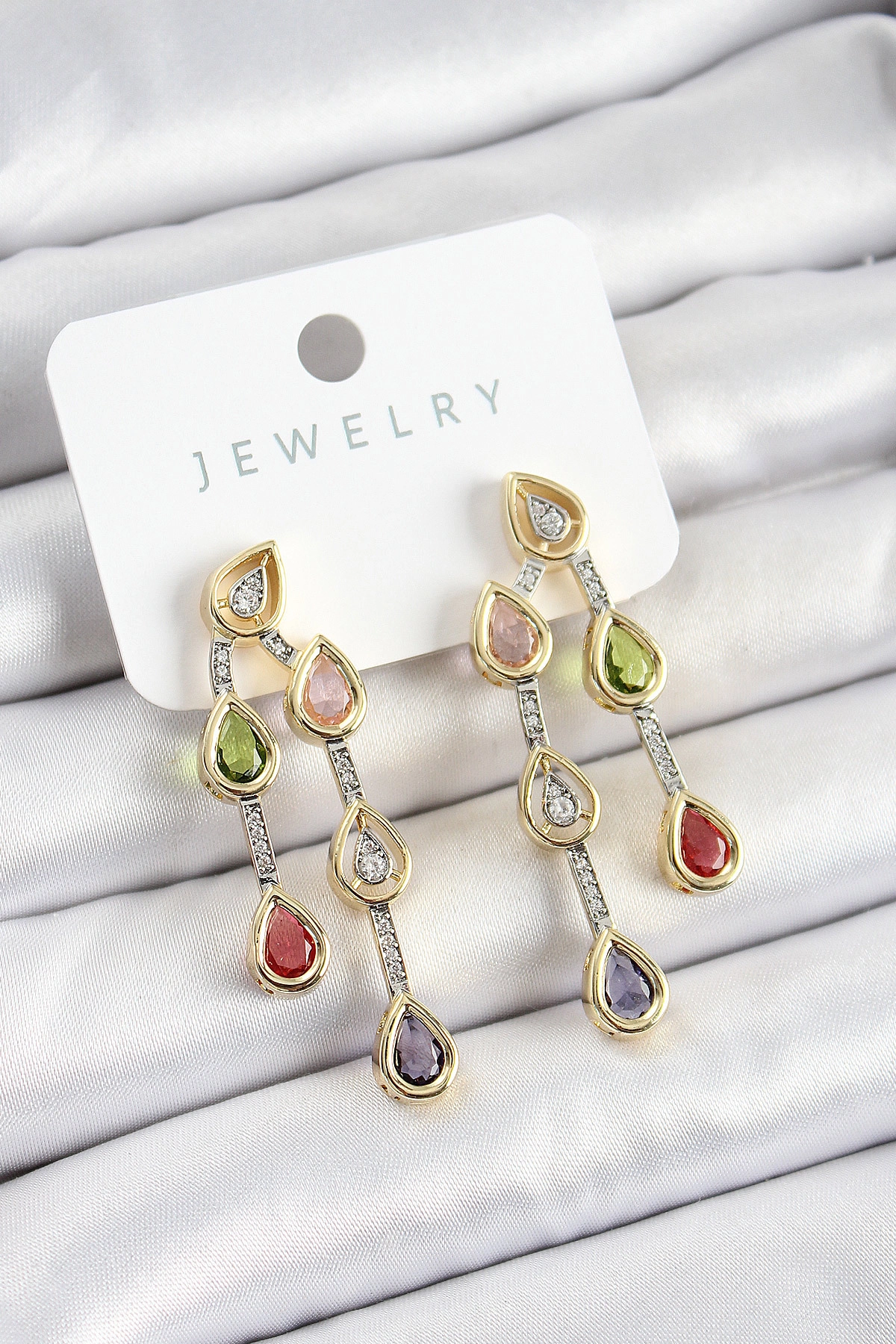 Pirinç Çoklu Damla Model Karşık Zirkon Taşlı Gold Ve Gümüş Renk Kadın Küpe-0