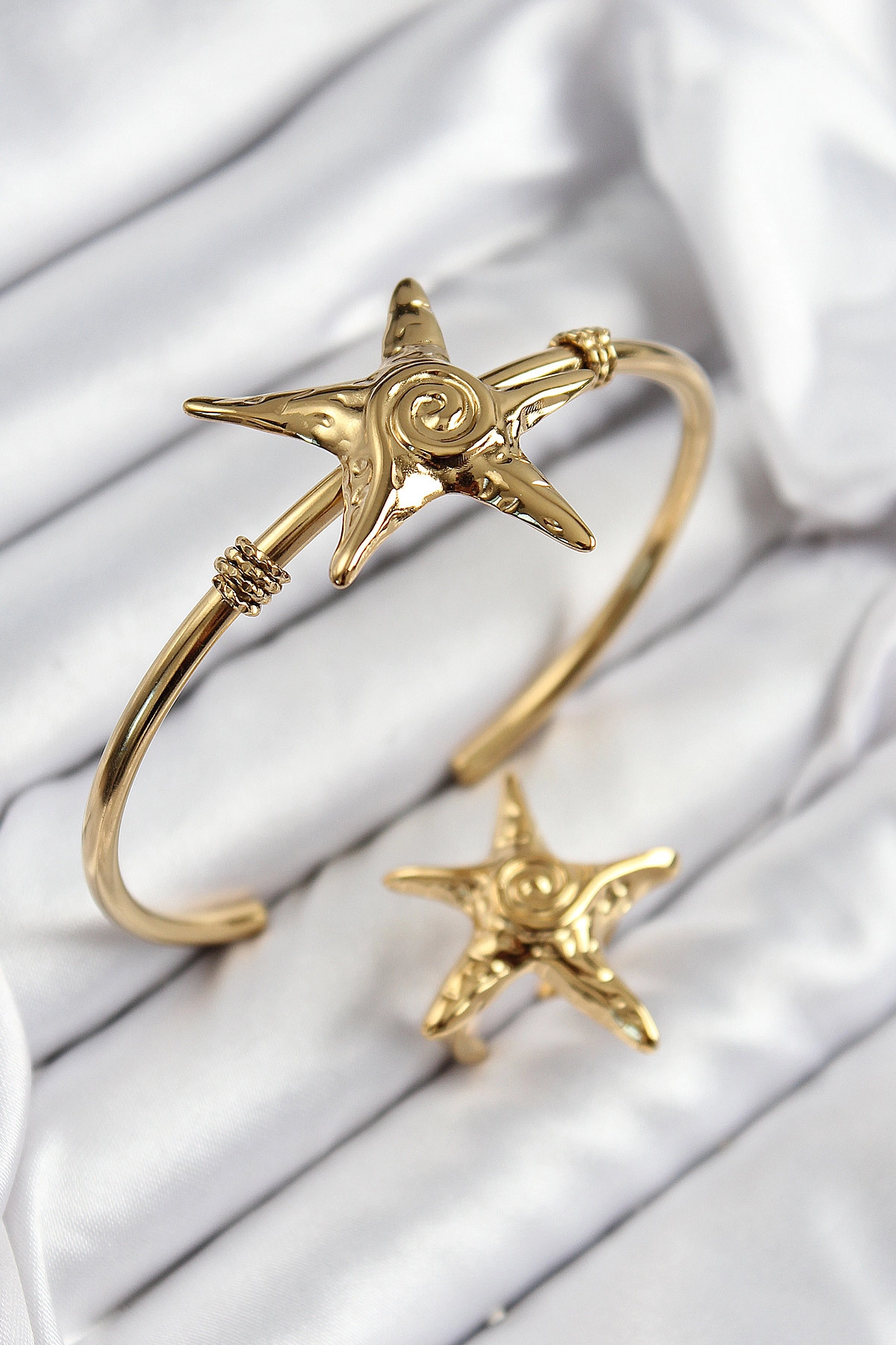 Pirinç Deniz Yıldızı Model Gold Renk Bileklik Yüzük Set-0