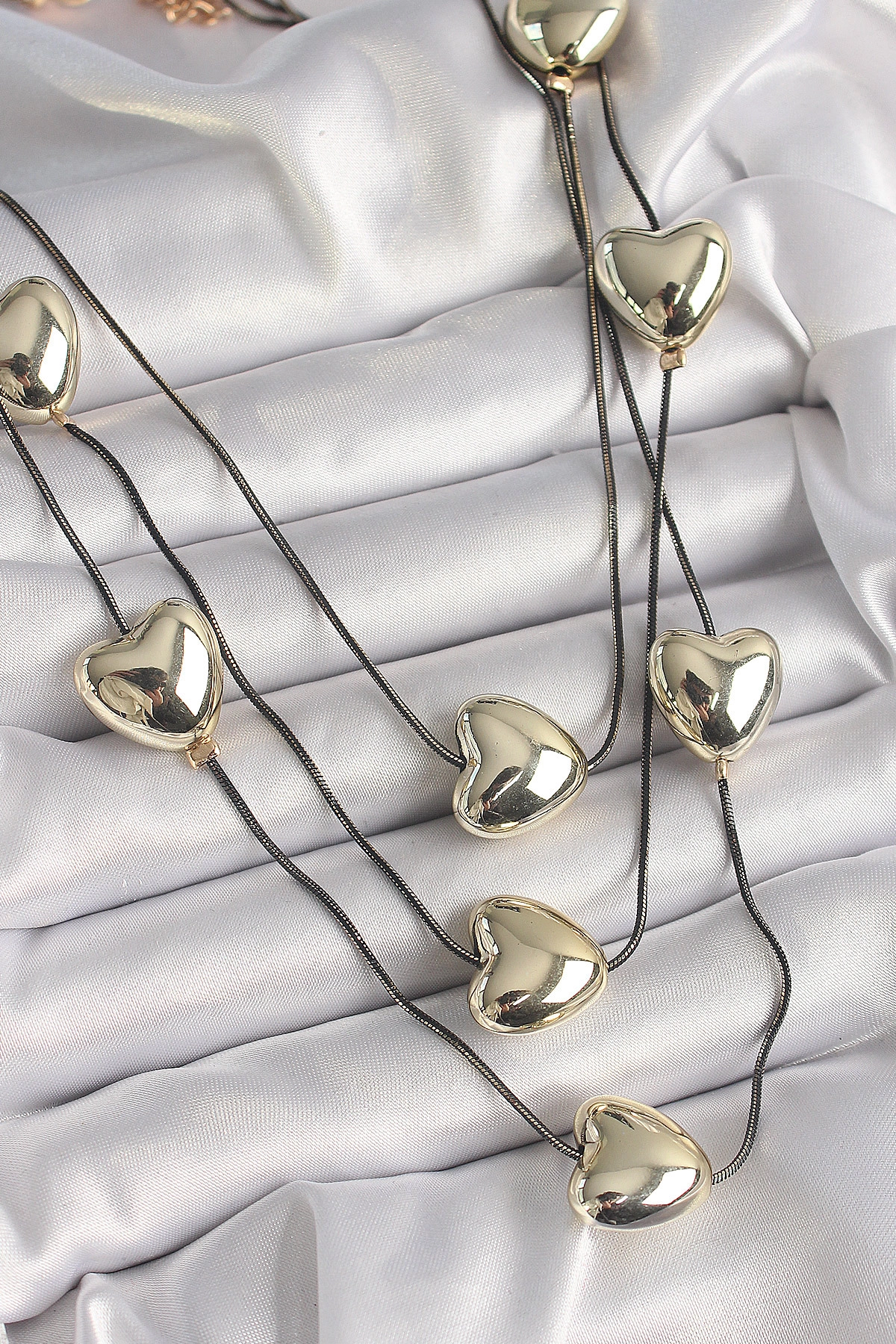 Pirinç Füme Renk Zincir 3D Gold Renk Kalp Model Kadın Kolye-0