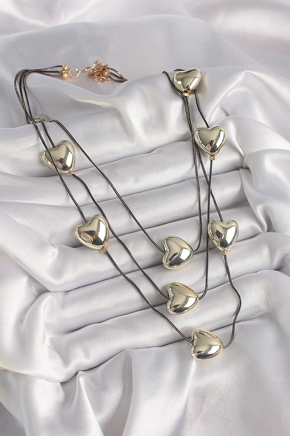 Pirinç Füme Renk Zincir 3D Gold Renk Kalp Model Kadın Kolye-1