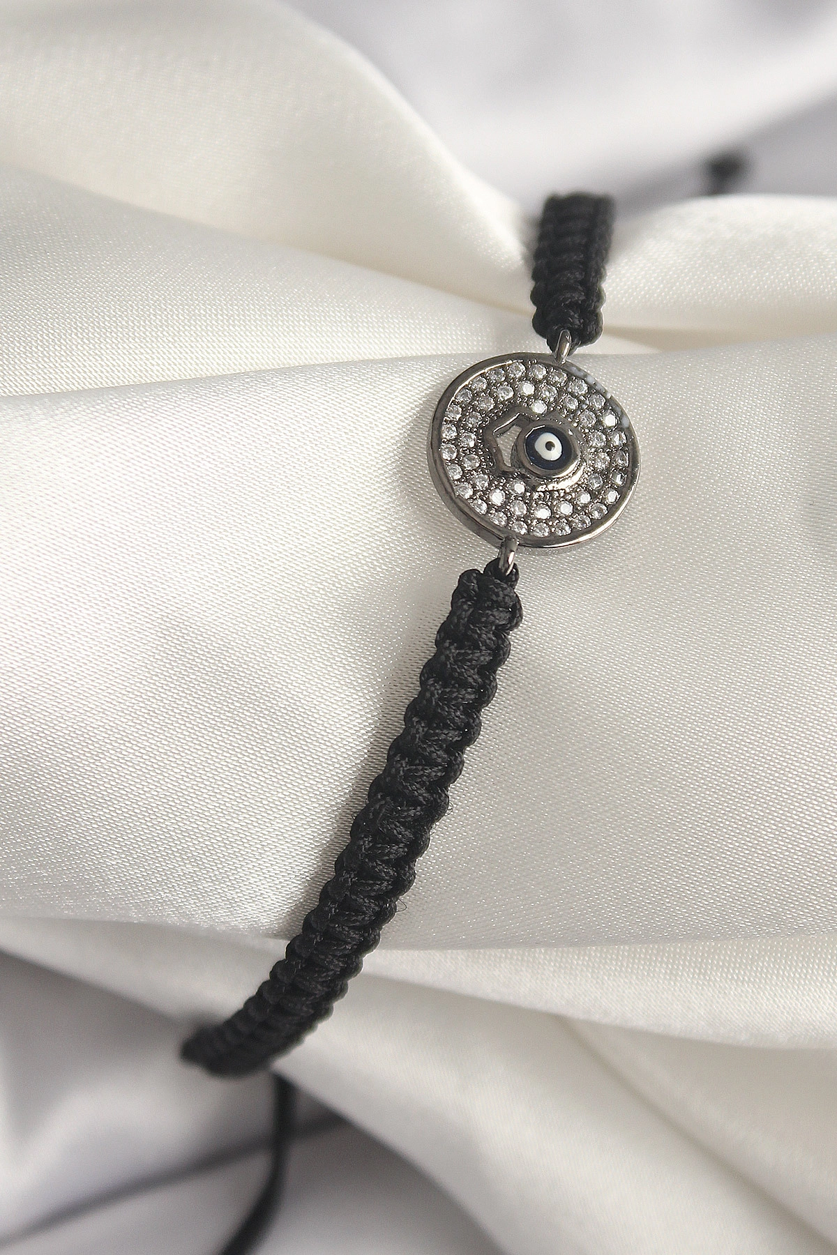 Pirinç Füme Renk Zirkon Taşlı Nazar Boncuk İşleme Makrome Asansörlü Model Kadın Bileklik-0