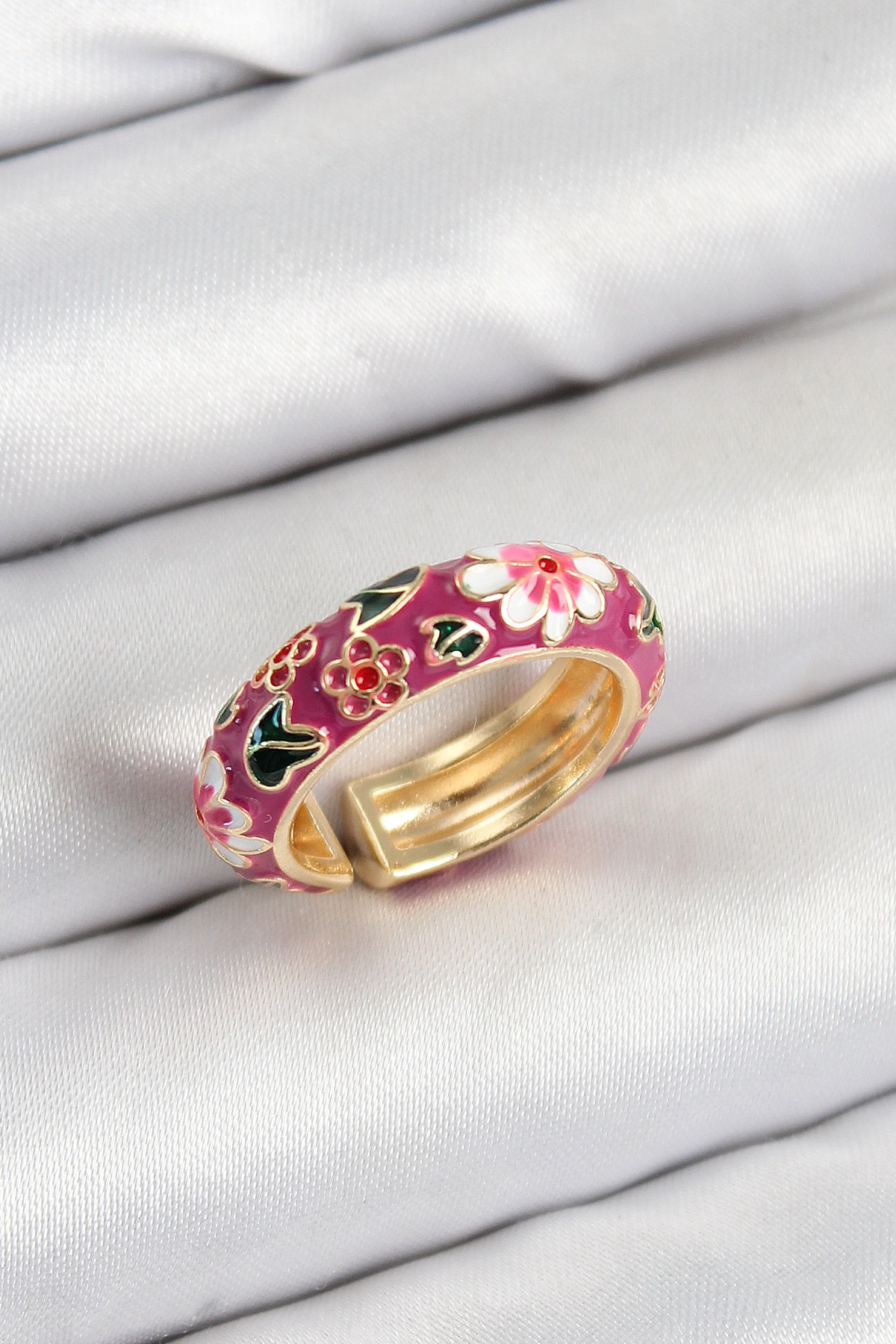 Pirinç Fuşya Mineli Çiçek Motifli Gold Renk Ayarlanabilir Kadın Yüzük-0
