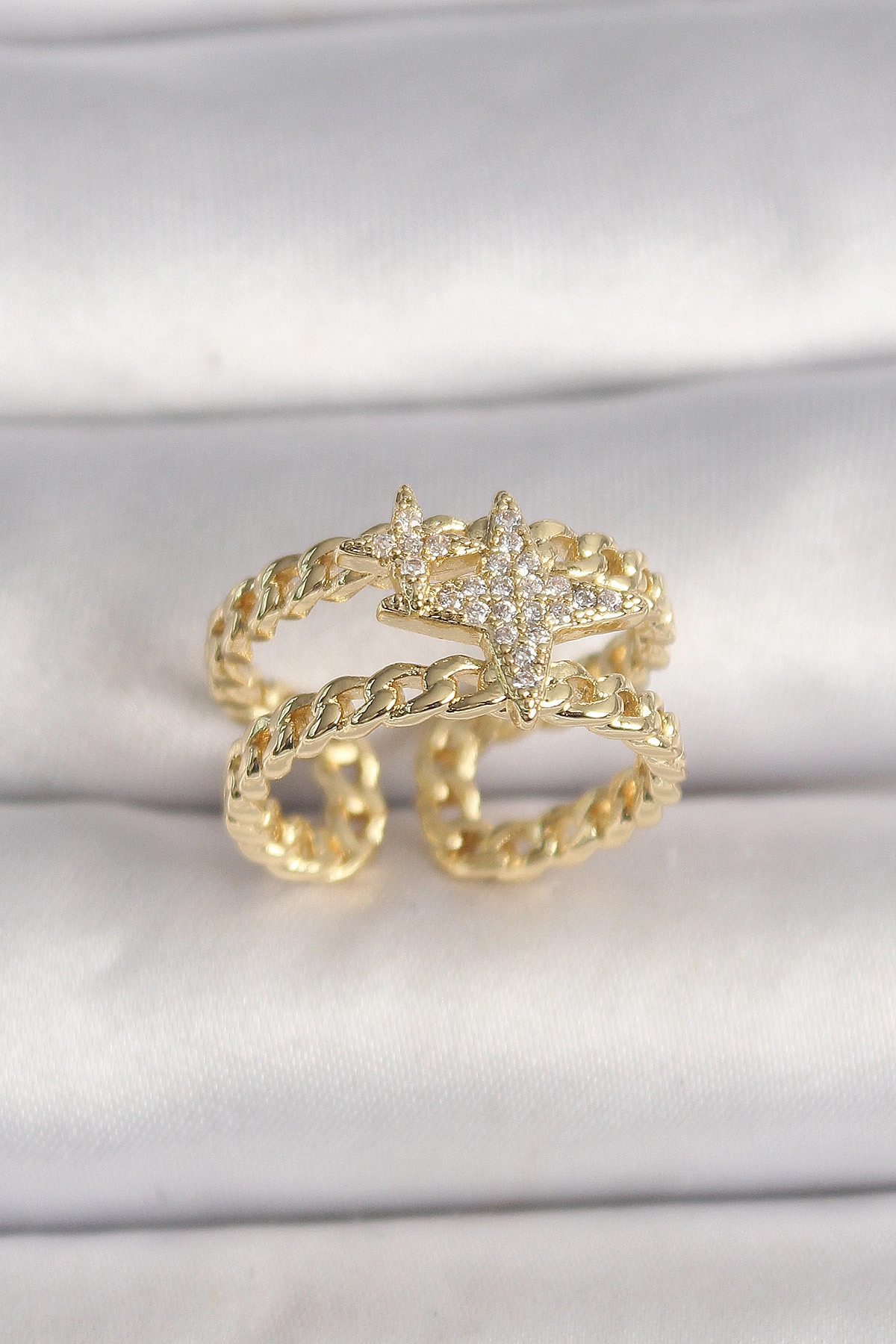 Pirinç Gold Renk 2'Li Zincir Zirkon Taşlı Yıldız Figür Kadın Yüzük-0