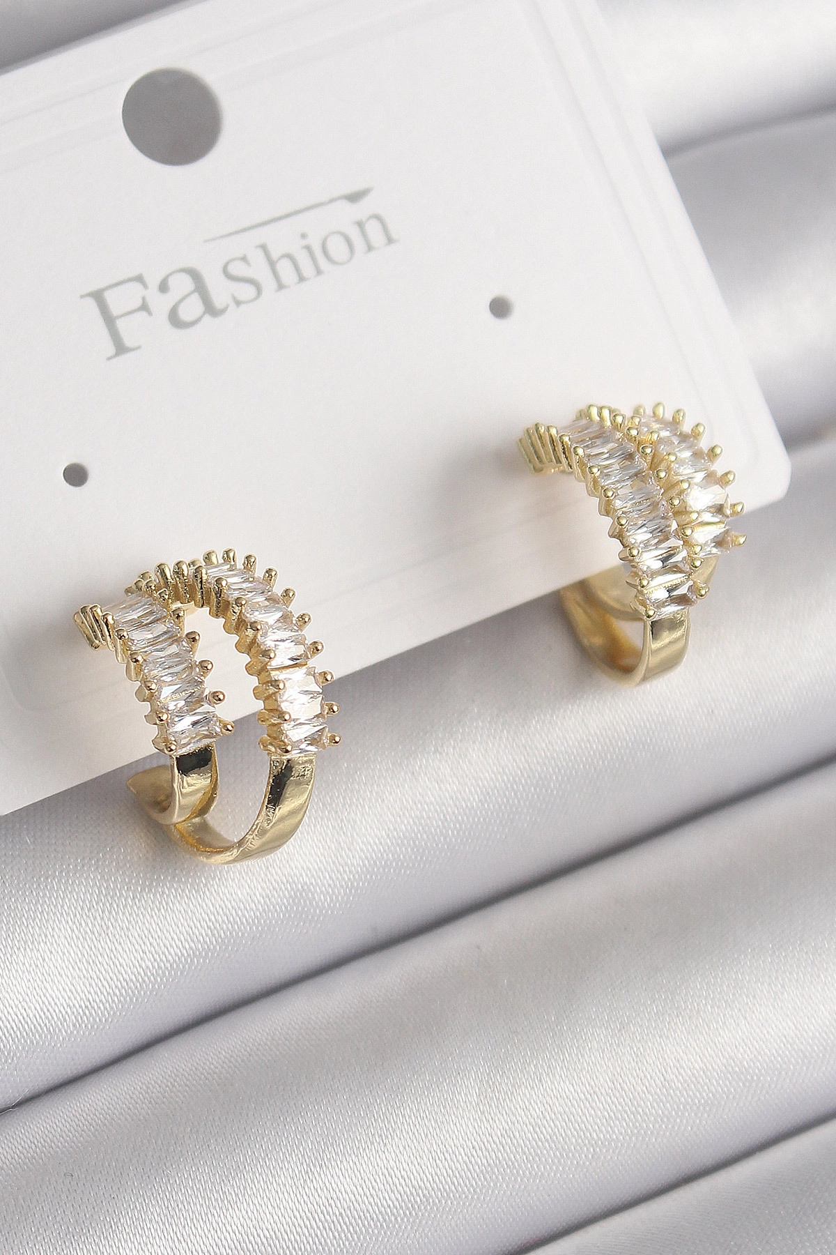 Pirinç Gold Renk 2'Li Zirkon Taşlı Halka Model Kadın Küpe-0