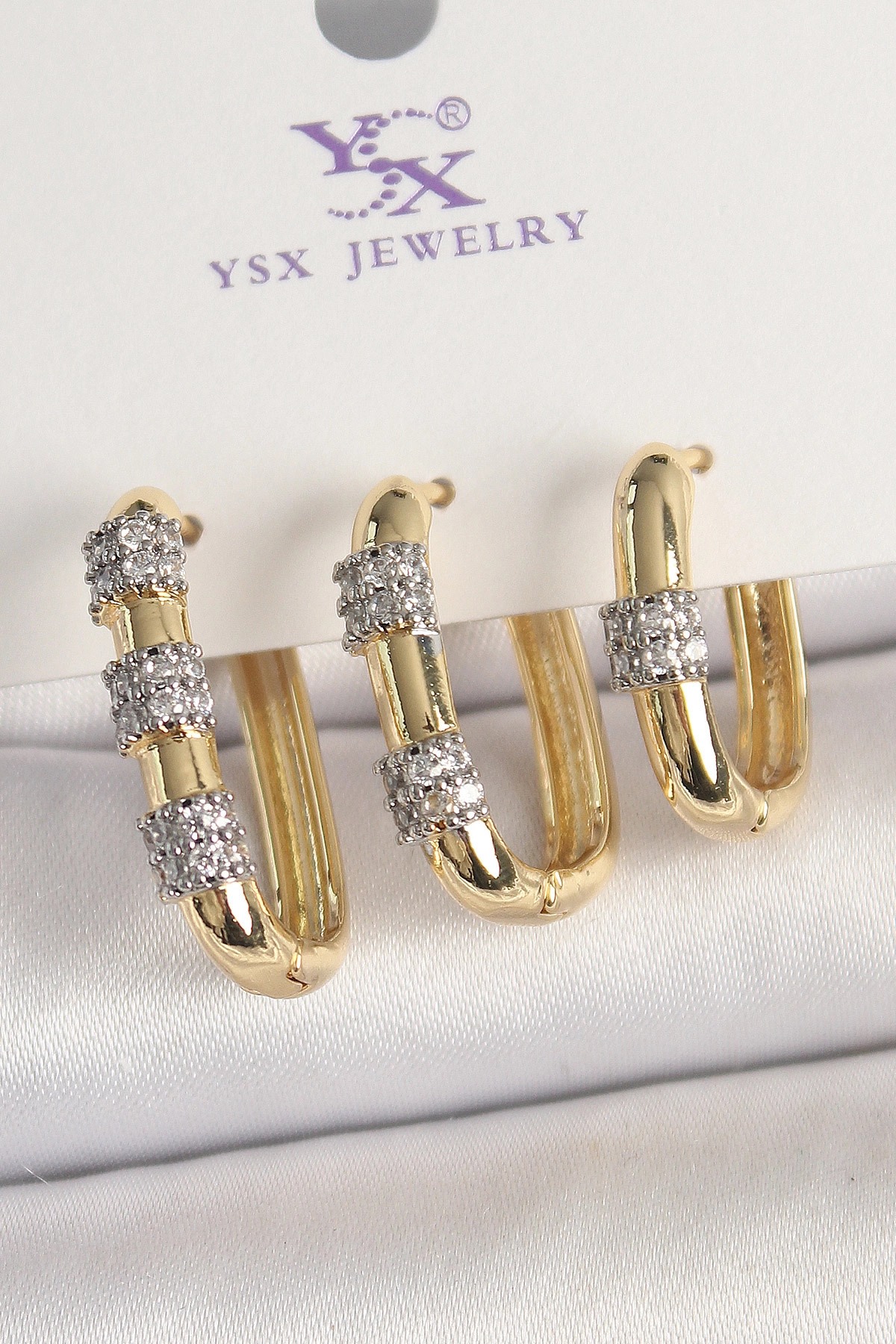 Pirinç Gold Renk 3'Lü Halka Model Gümüş Zirkon Taş Detaylı Kadın Kombin Küpe-0