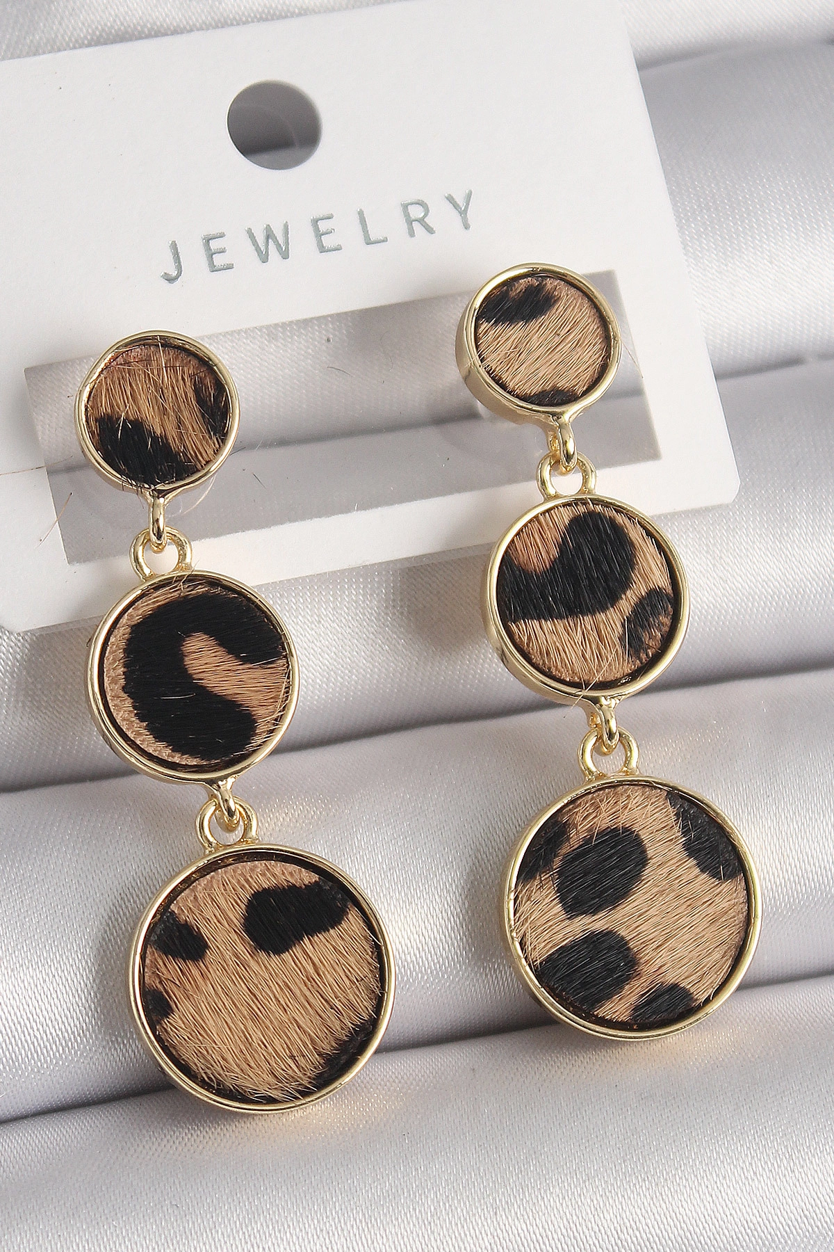 Pirinç Gold Renk 3'Lü Leopar Desenli Sallantı Daire Plaka Model Kadın Küpe-0