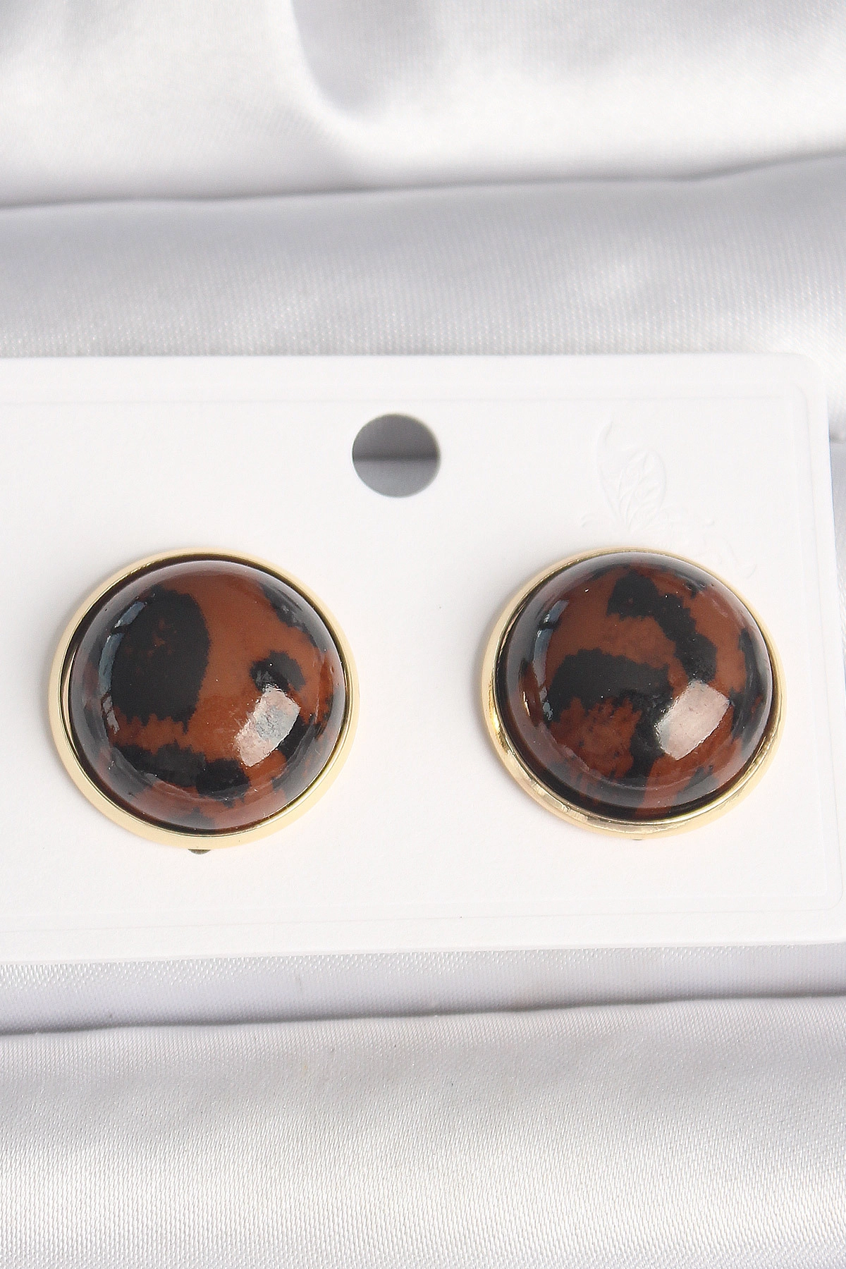 Pirinç Gold Renk 3D Daire Leopar Model Kadın Küpe-0