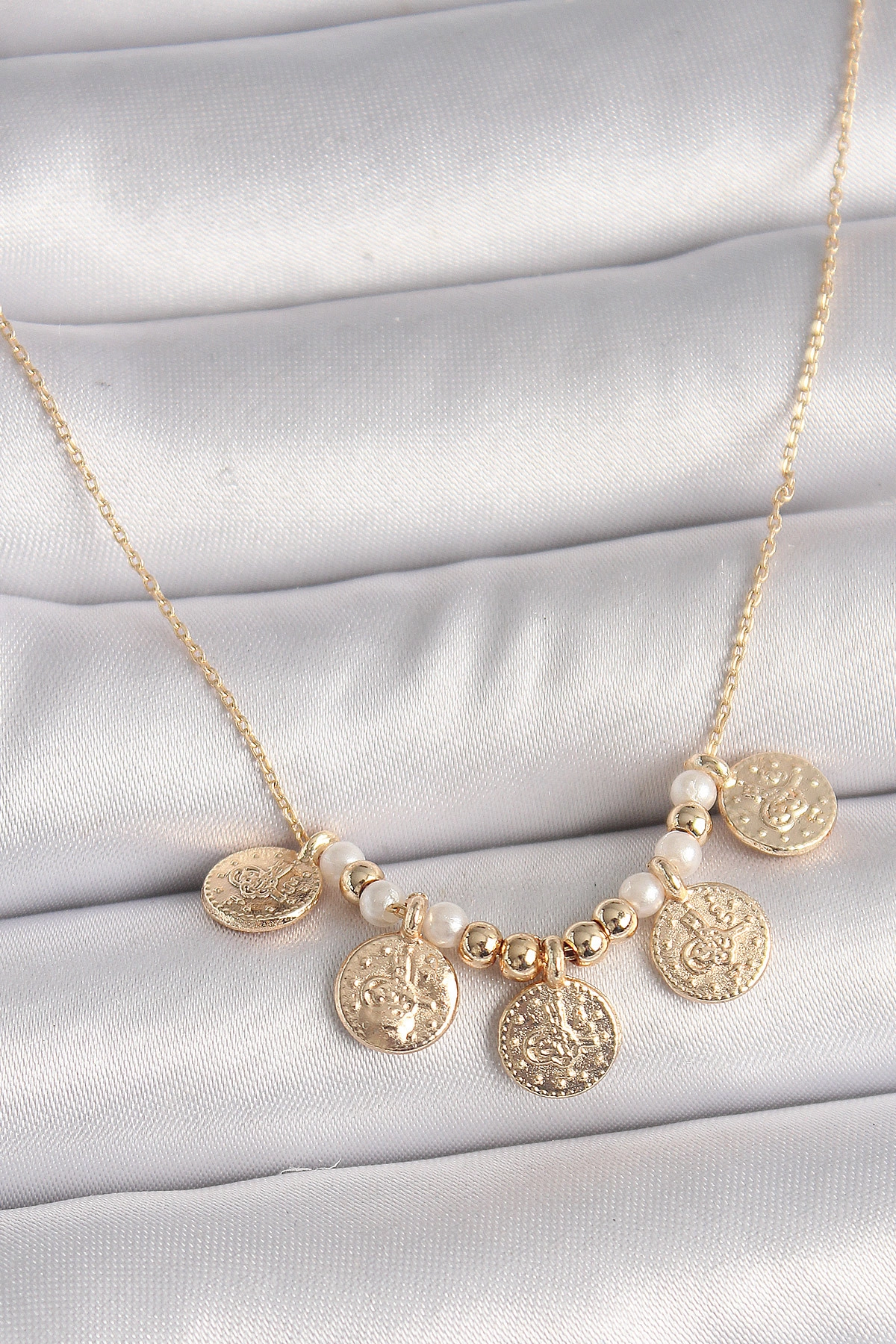 Pirinç Gold Renk 5'Li Osmanlı Tuğra Figür İnci Detay Kadın Kolye-0