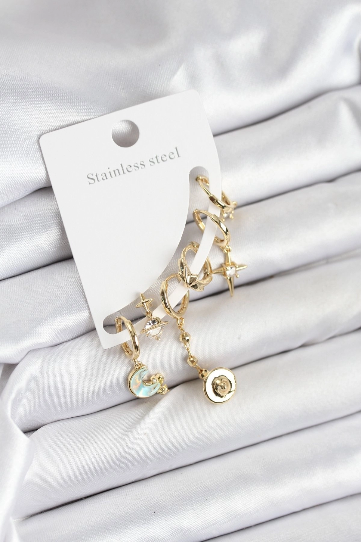 Pirinç Gold Renk Ay Model Kadın Set Küpe-0