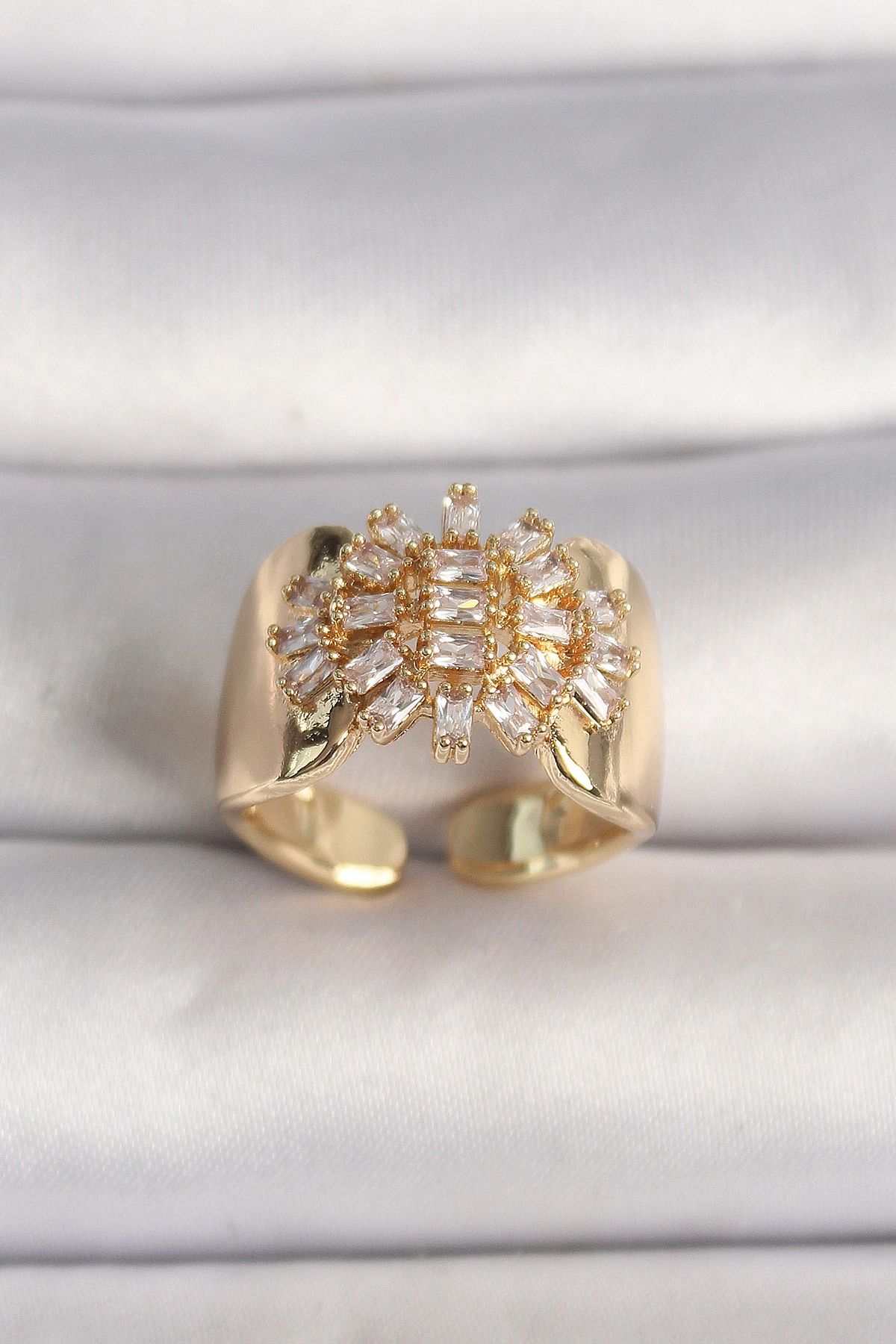 Pirinç Gold Renk Ayarlanabilir Baget Zirkon Taş Kadın Yüzük-0