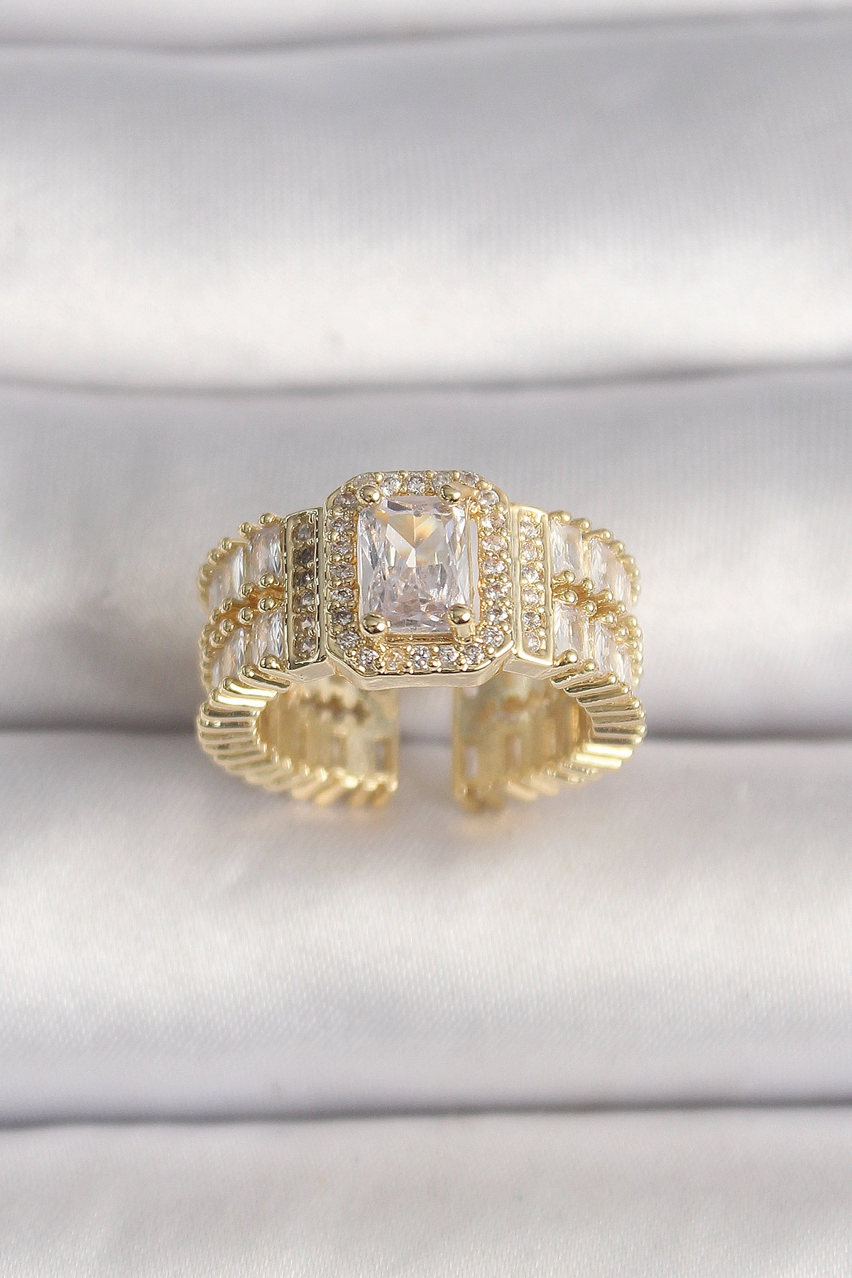 Pirinç Gold Renk Ayarlanabilir Baget Zirkon Taş Model Kadın Yüzük-0