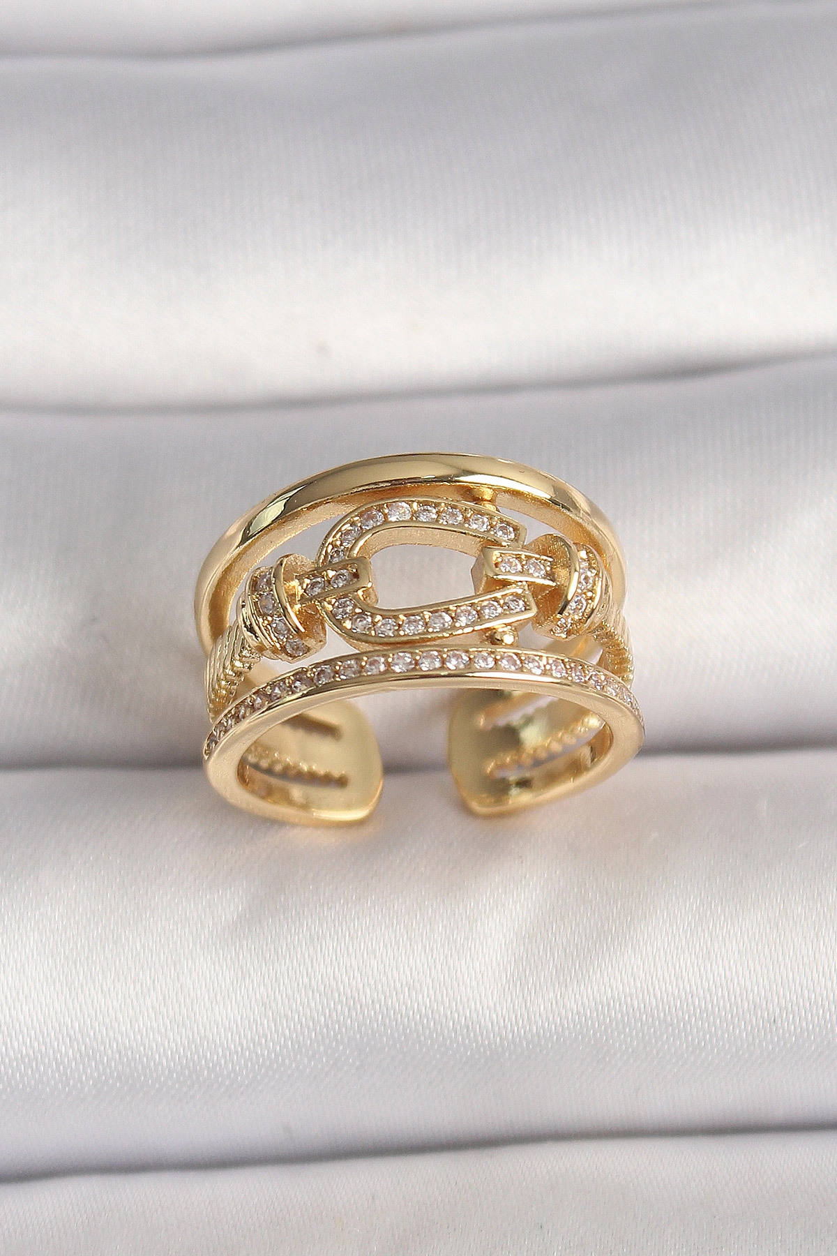 Pirinç Gold Renk Ayarlanabilir Zirkon Taşlı Gemici Düğümü Model Kadın Yüzük-0