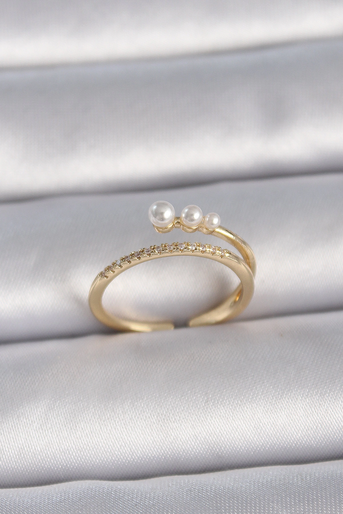 Pirinç Gold Renk Ayarlanabilir Zirkon Taşlı İncili Model Kadın Yüzük-0