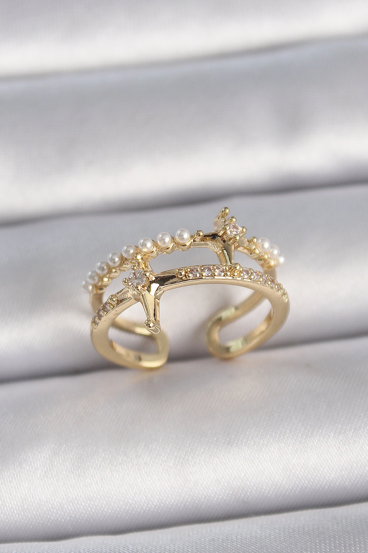 Pirinç Gold Renk Ayarlanabilir Zirkon Taşlı İncili Yıldız Model Kadın Yüzük-0