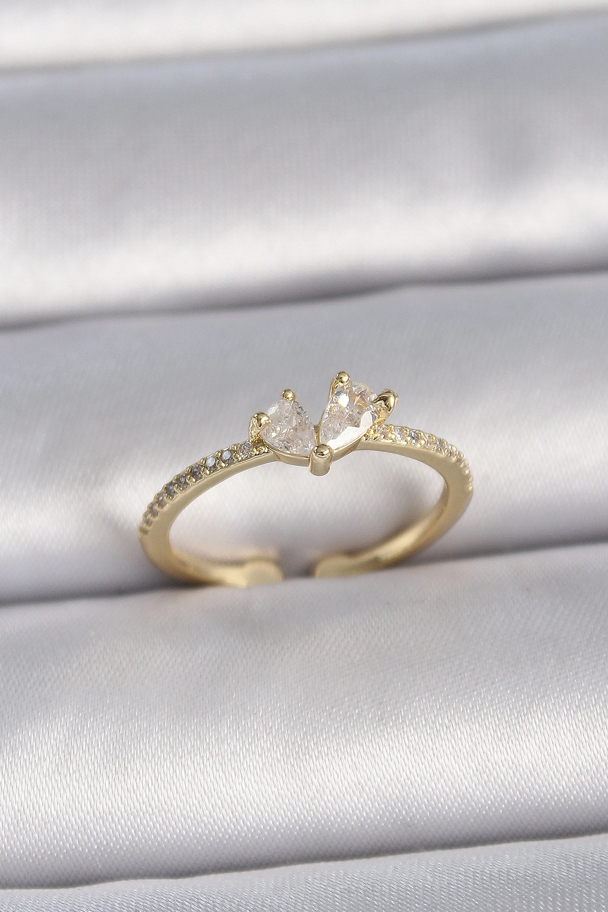 Pirinç Gold Renk Ayarlanabilir Zirkon Taşlı Kalp Model Kadın Yüzük-0