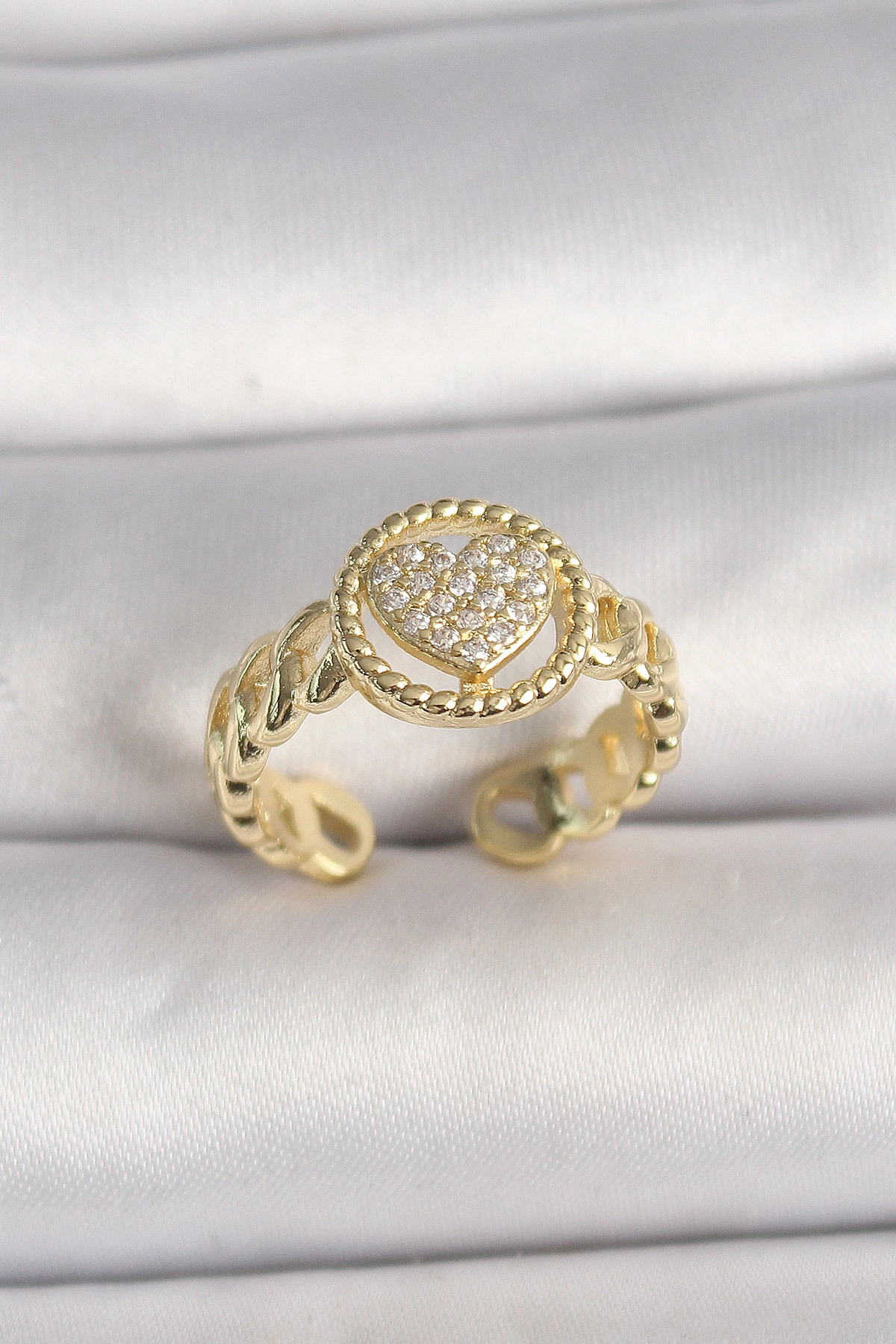 Pirinç Gold Renk Ayarlanabilir Zirkon Taşlı Kalp Model Kadın Yüzük-0