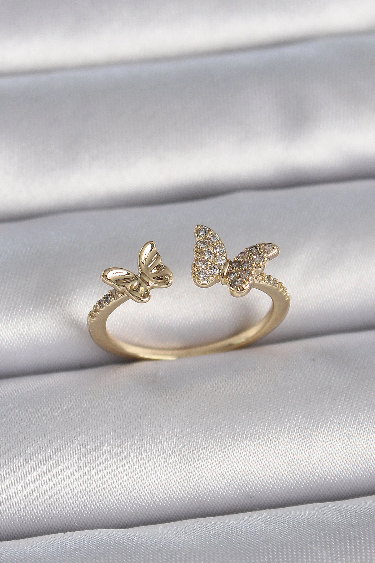 Pirinç Gold Renk Ayarlanabilir Zirkon Taşlı Kelebek Model Kadın Yüzük-0