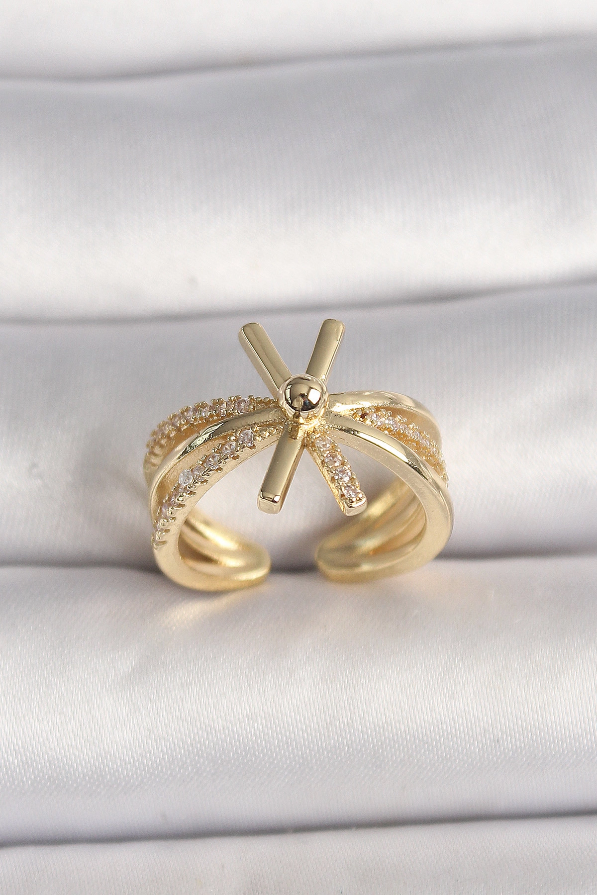 Pirinç Gold Renk Ayarlanabilir Ziron Taşlı Kadın Yüzük-0