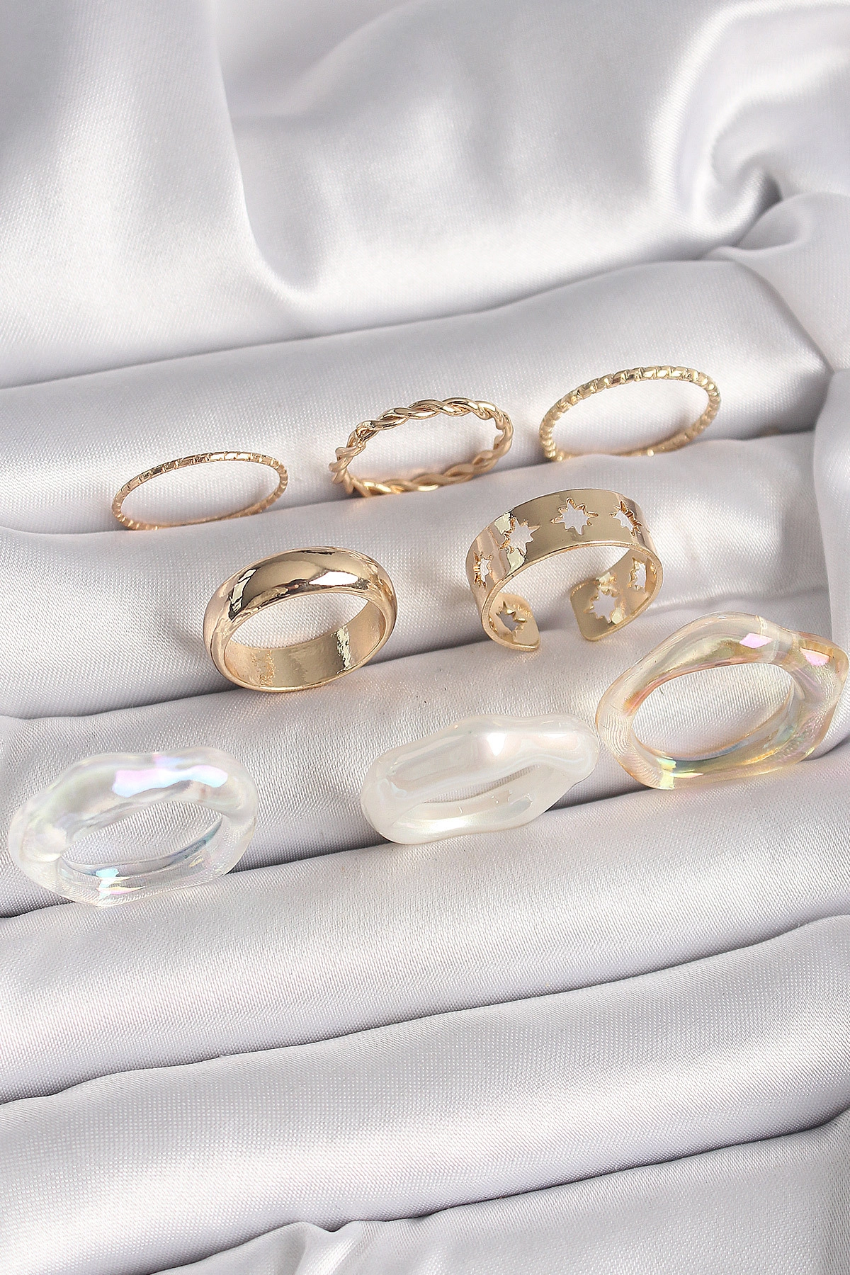Pirinç Gold Renk Beyaz Akrilik Plastik Modek Kutup Yıldız İşleme Detay Kadın Yüzük Seti-0