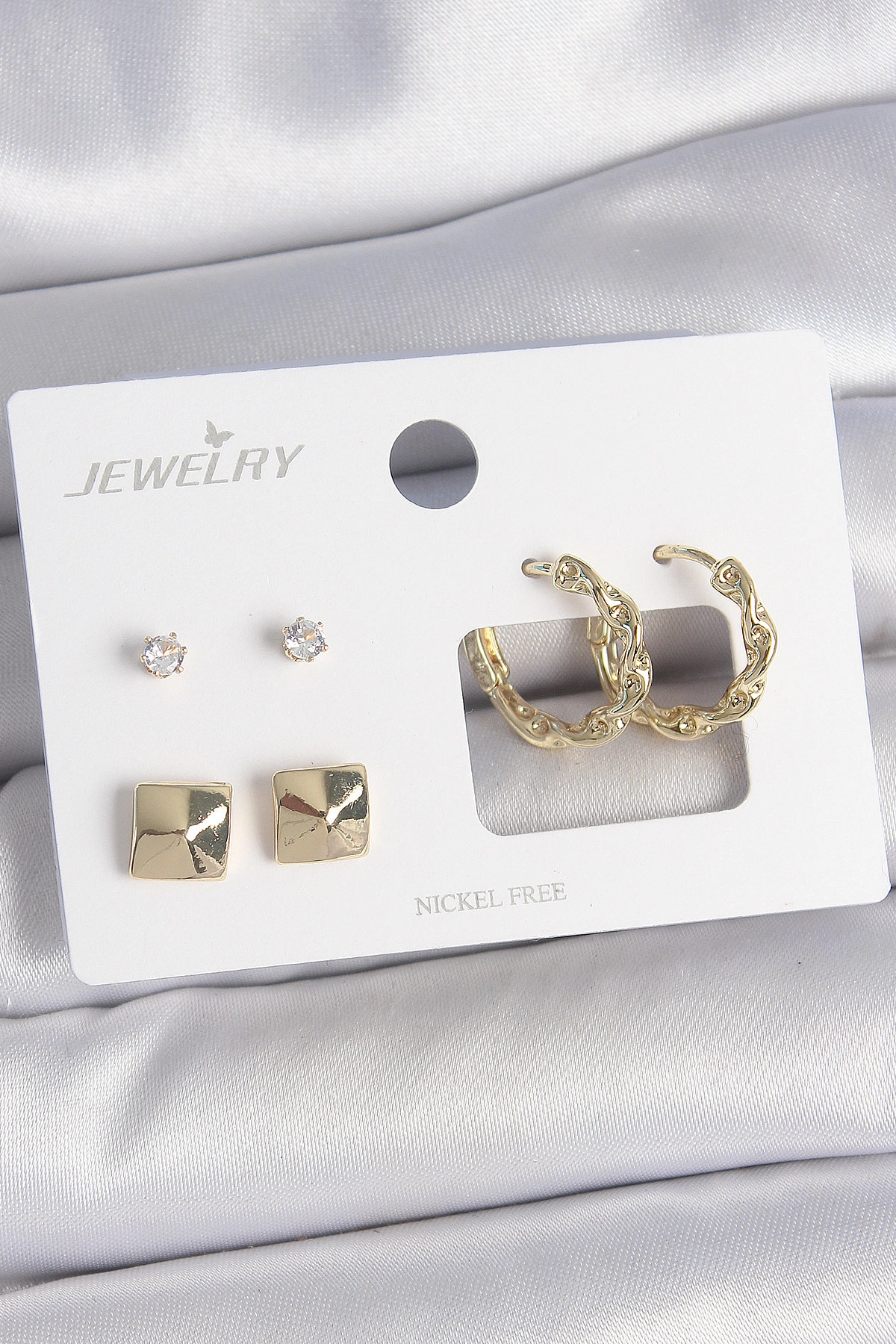 Pirinç Gold Renk Burgu Halka Model Zirkon Taşlı Kare Detay 3 Çift Kadın Küpe Seti-0