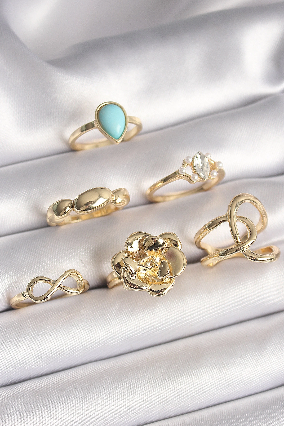 Pirinç Gold Renk Çiçek Model Model Sonsuzluk Zirkon Taş Detaylı 6'Lı Kadın Yüzük Seti-0