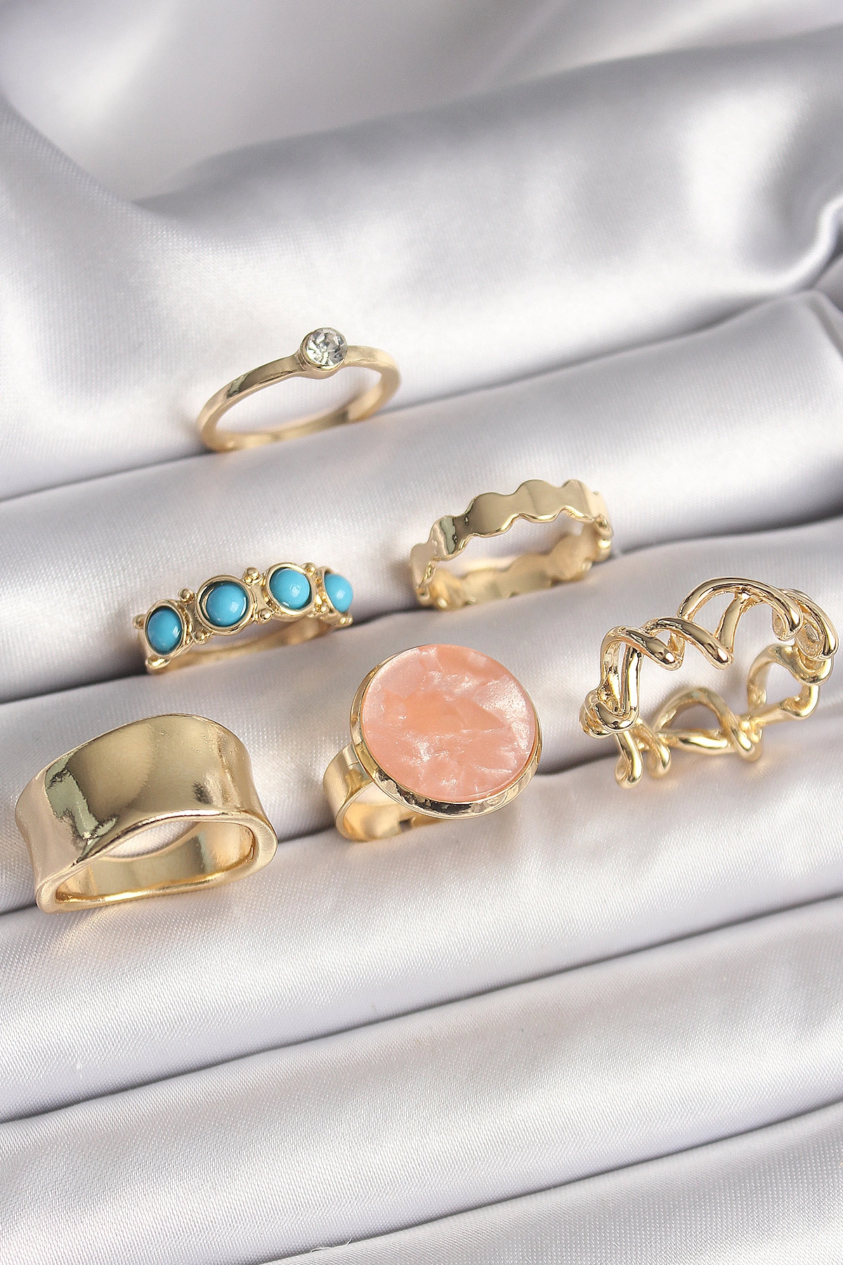 Pirinç Gold Renk Daire Pembe Mineli Zirkon Taş Detaylı 6'Lı Kadın Yüzük Seti-0