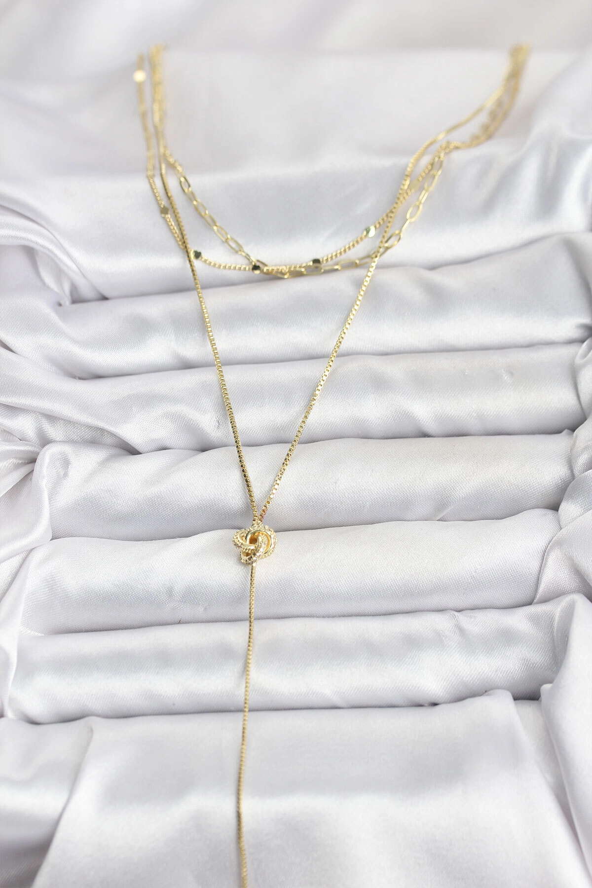 Pirinç Gold Renk Düğüm Model Detaylı 3'lü Kombin Y Kadın Kolye-1