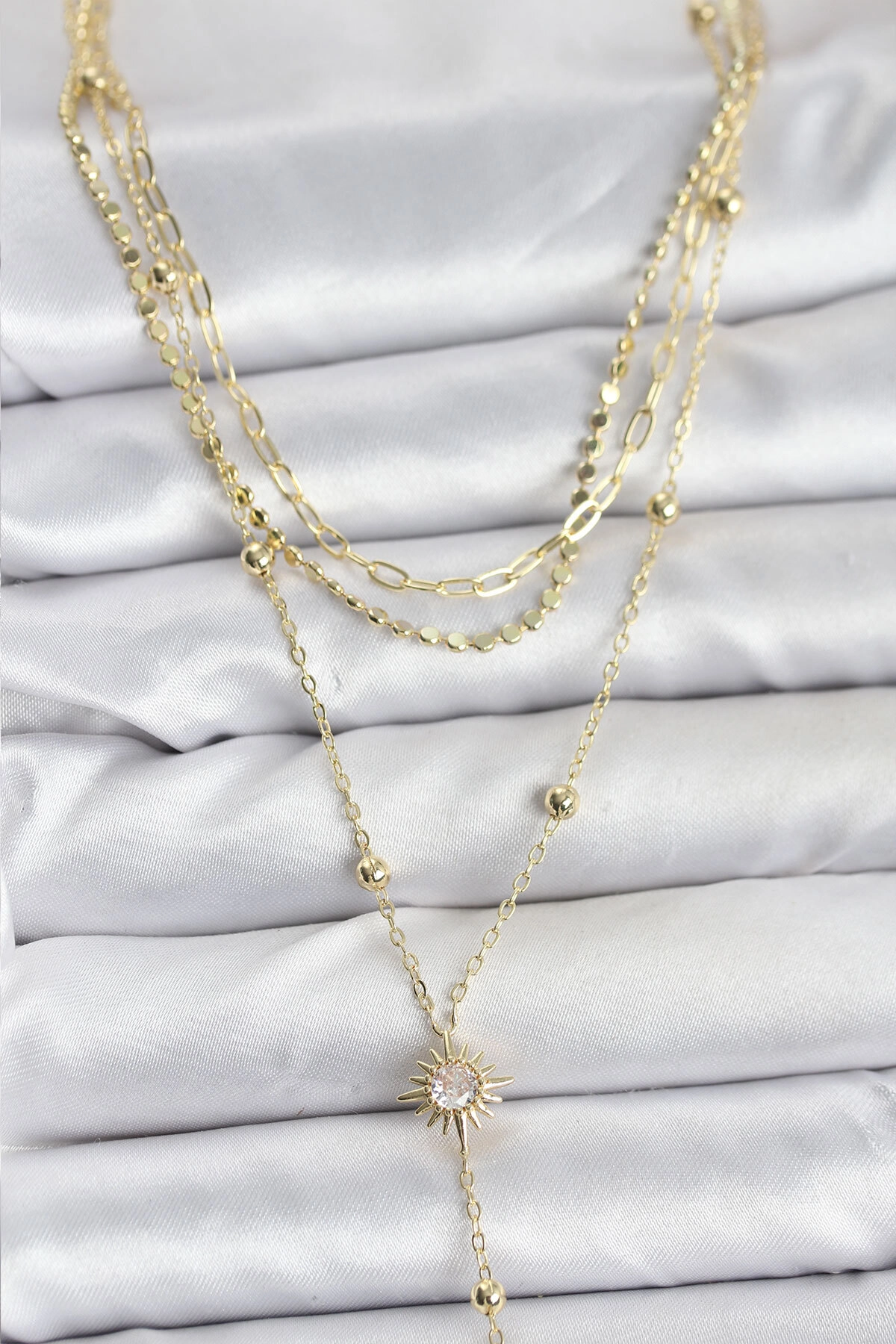 Pirinç Gold Renk Güneş Model Detaylı 3'lü Kombin Y Kadın Kolye-0