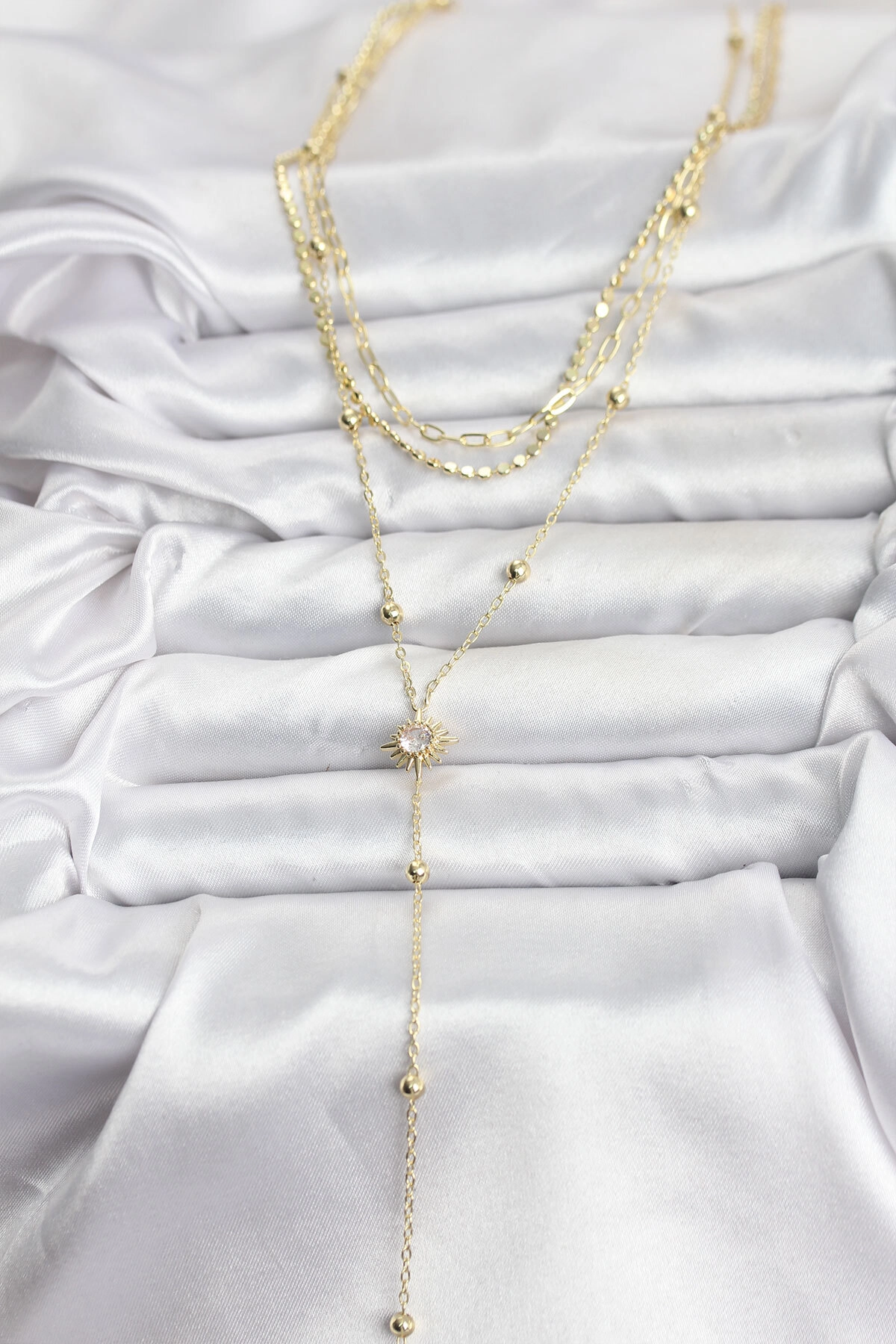 Pirinç Gold Renk Güneş Model Detaylı 3'lü Kombin Y Kadın Kolye-1