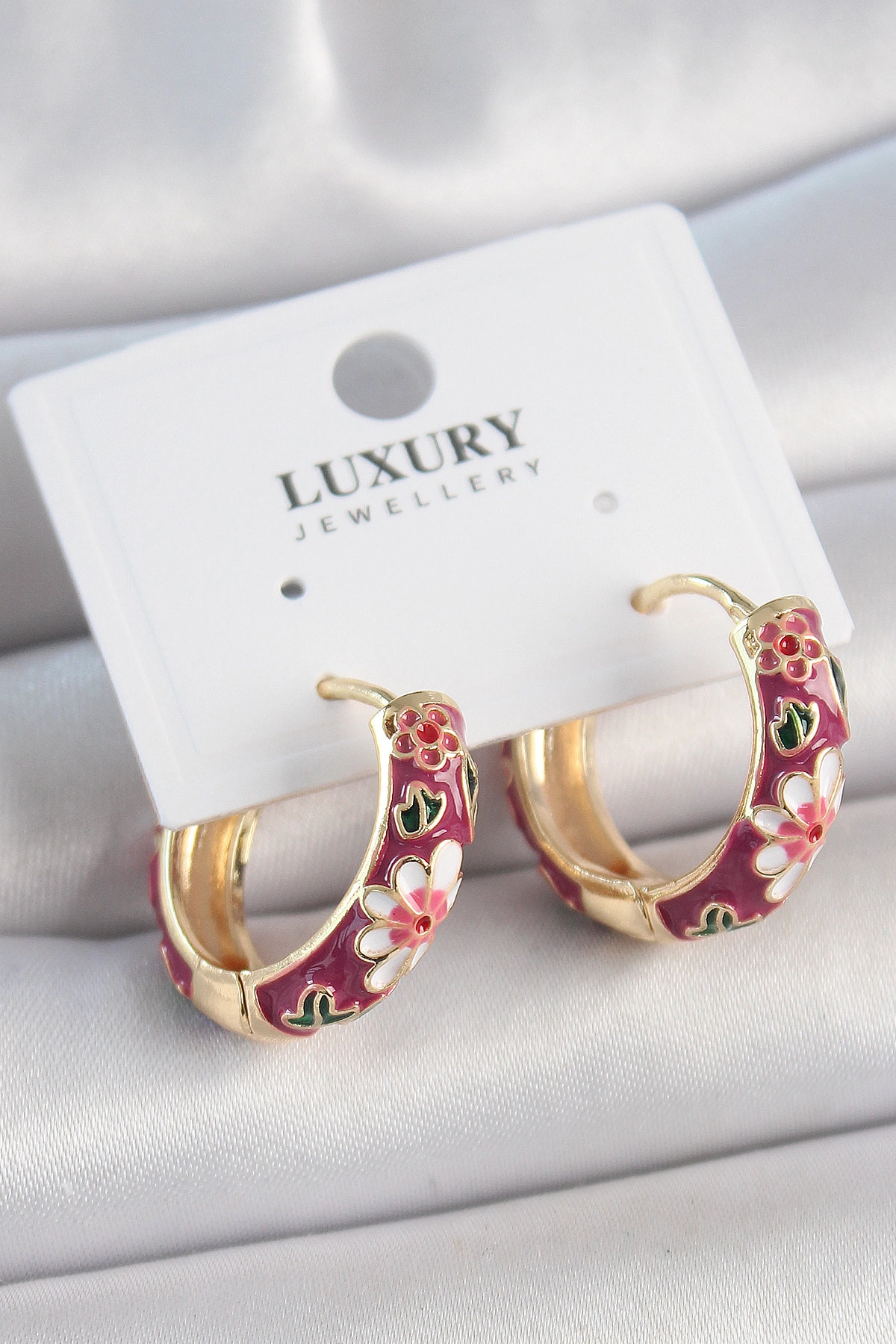 Pirinç Gold Renk Halka Mor Çiçek Mineli Kadın Küpe-0