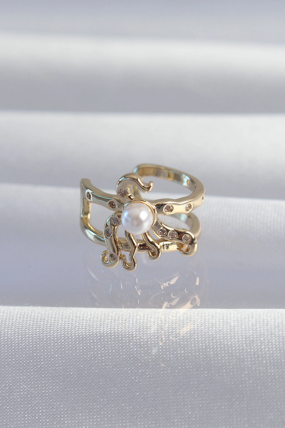 Pirinç Gold Renk İncili Ahtapot Earcuff Küpe-0