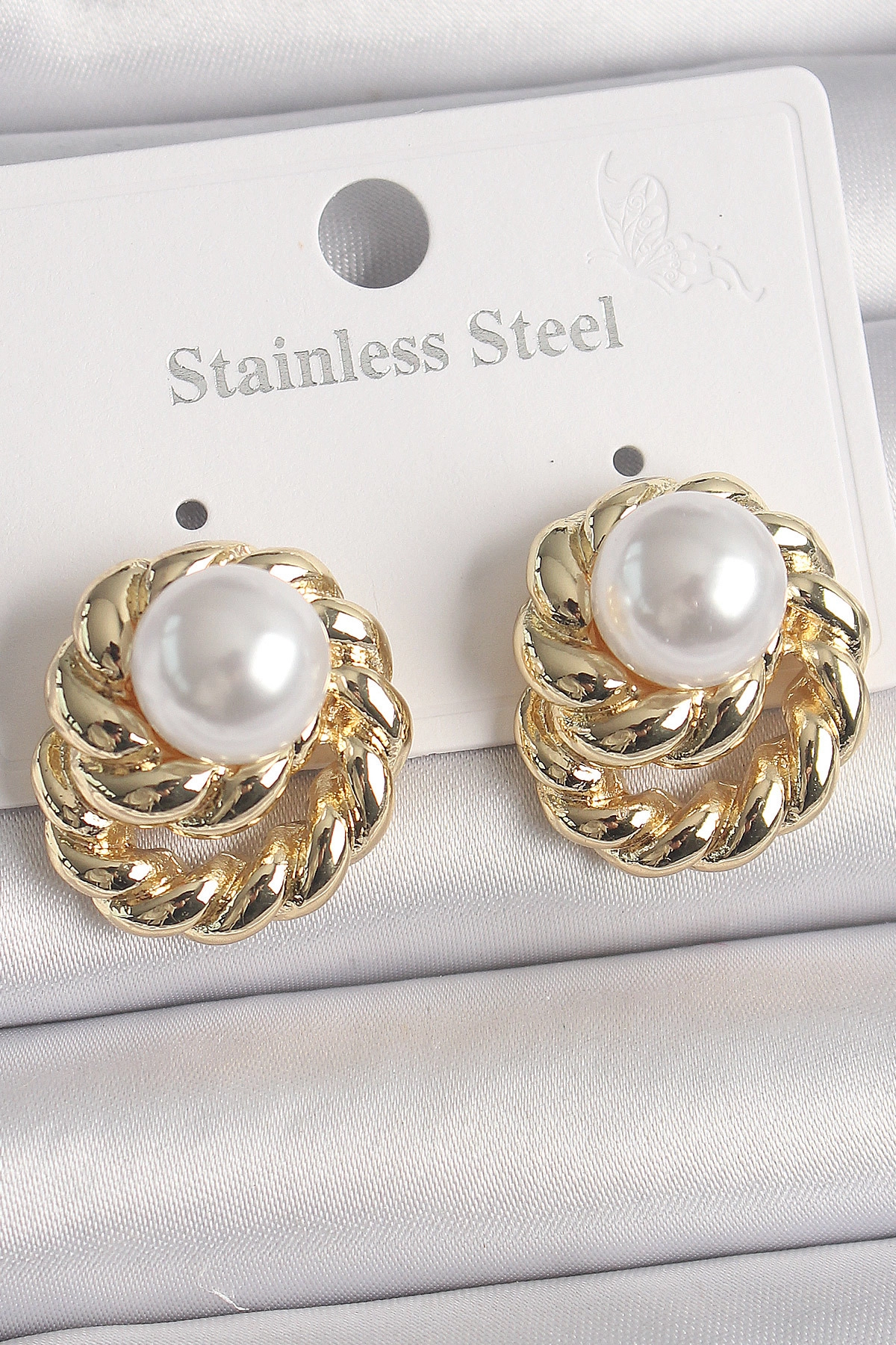 Pirinç Gold Renk İncili Sarmal Burgu Model Kadın Küpe-0