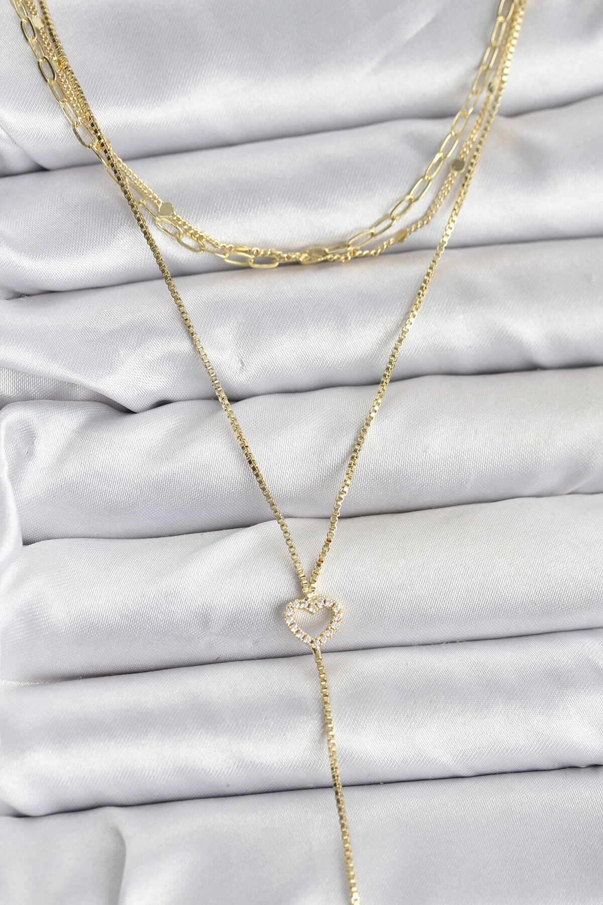 Pirinç Gold Renk Kalp Detaylı 3'lü Kombin Y Kadın Kolye-0