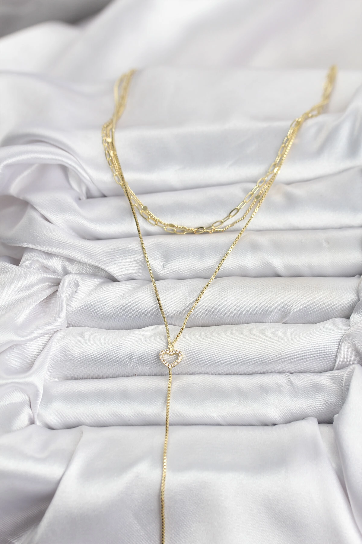 Pirinç Gold Renk Kalp Detaylı 3'lü Kombin Y Kadın Kolye-1