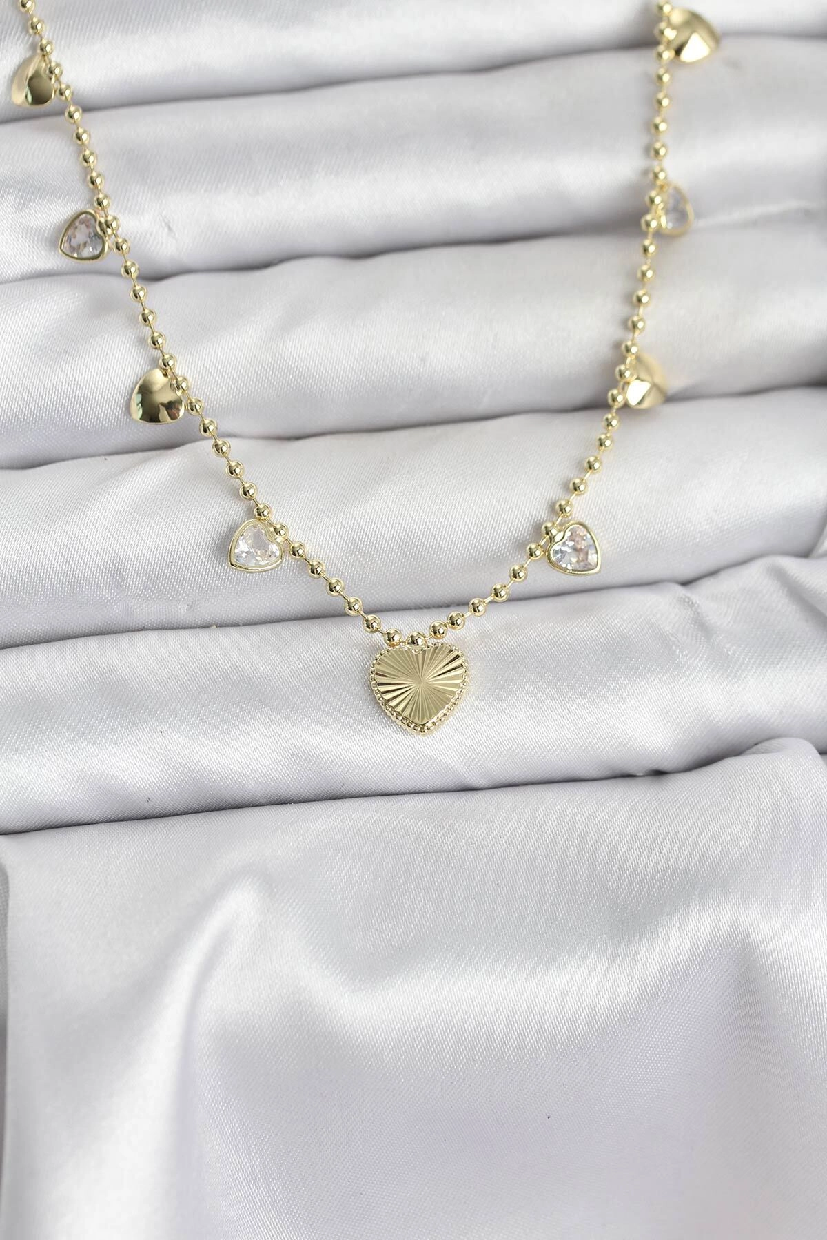 Pirinç Gold Renk Kalp Model Kadın Kolye-0