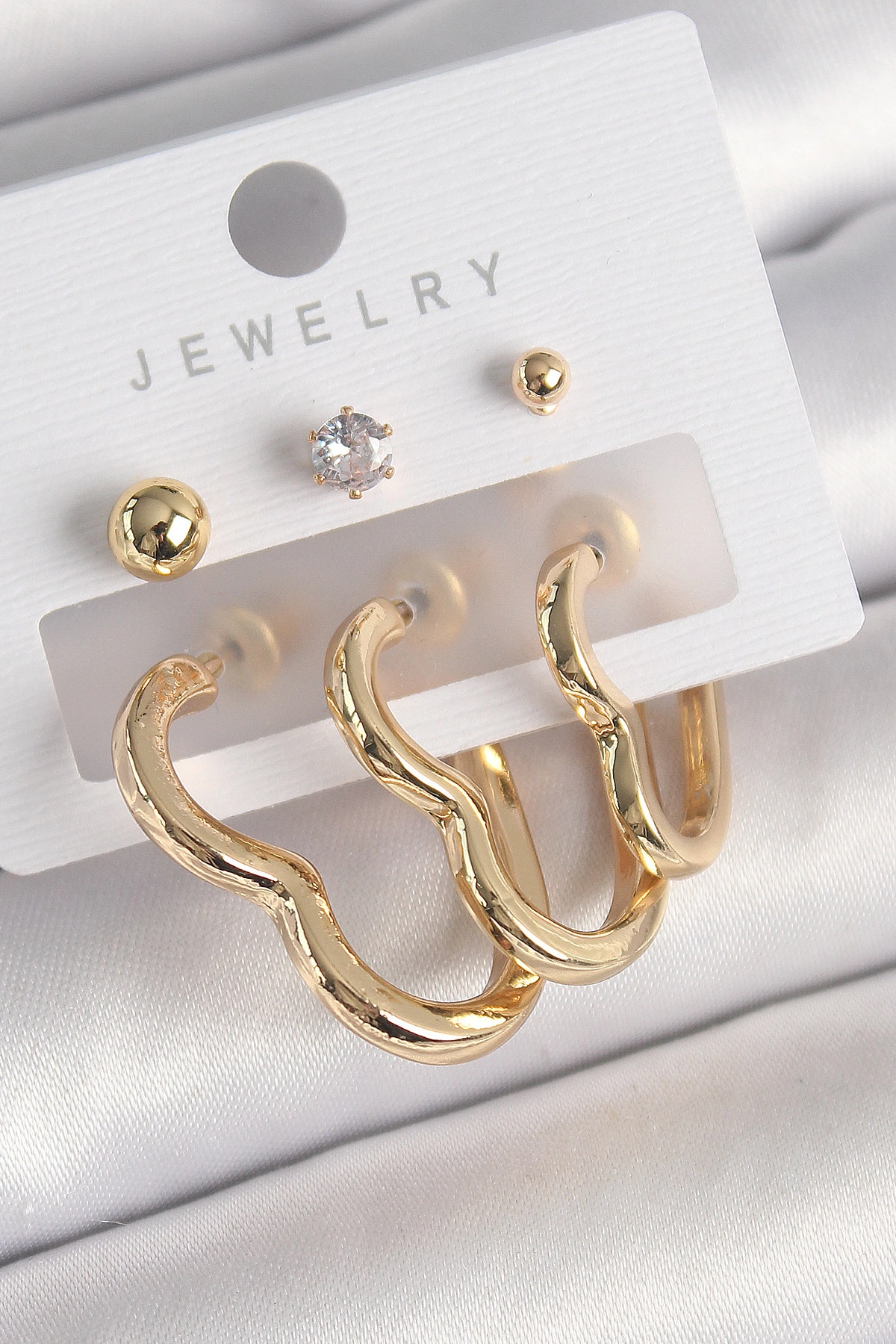 Pirinç Gold Renk Kalp Model Zirkon Taşlı Topçuk Detay Kadın Küpe Seti-0