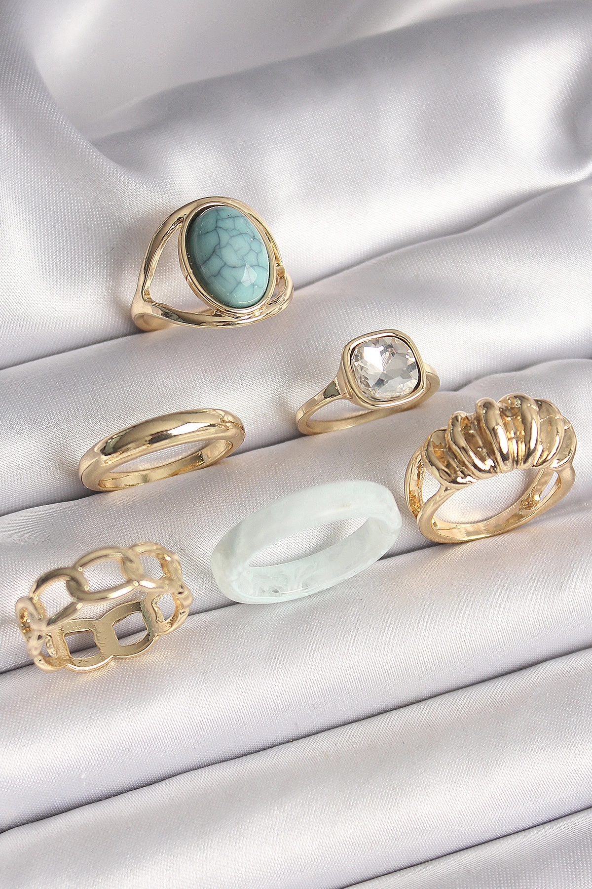 Pirinç Gold Renk Kare Zirkon Taşlı Sarmal Model Mavi Taş Detay 6'Lı Kadın Yüzük Seti-0