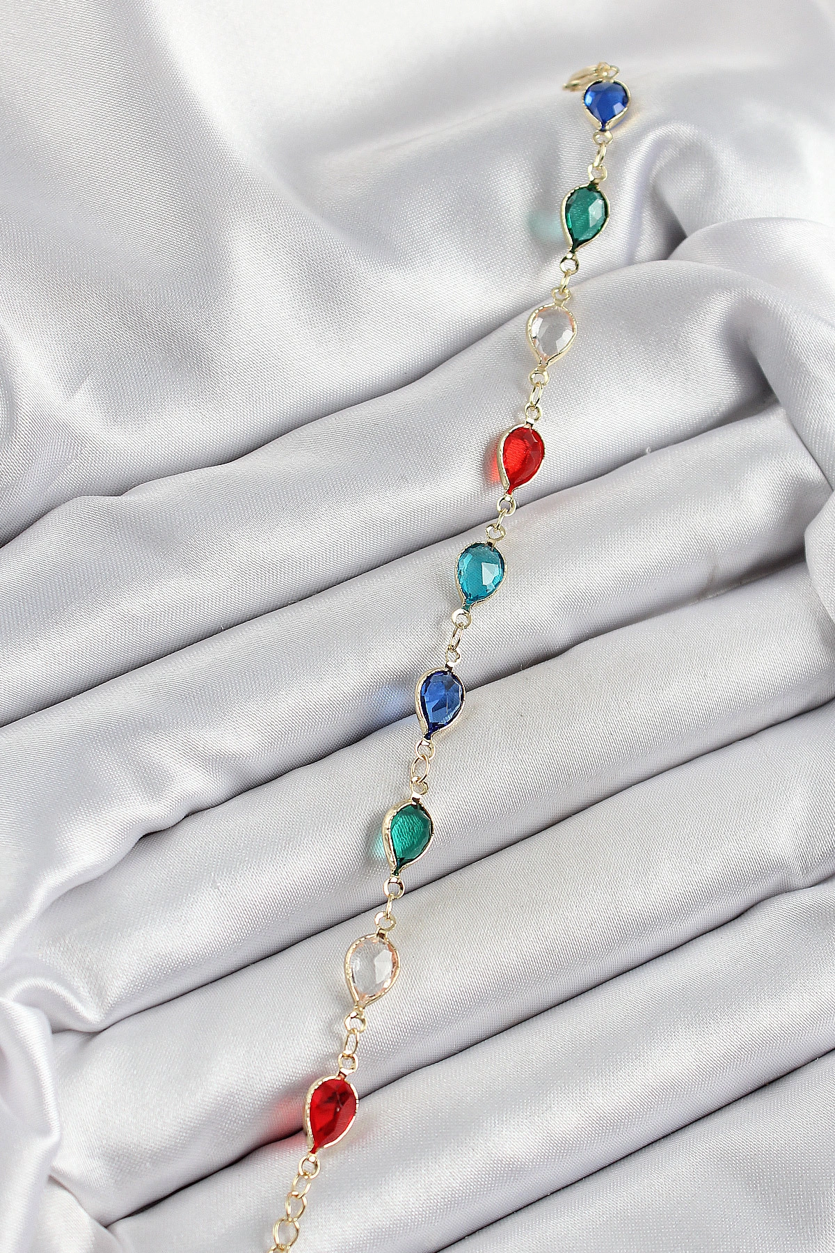 Pirinç Gold Renk Karışık Renk Damla Zirkon Taşlı Kadın Bileklik-1