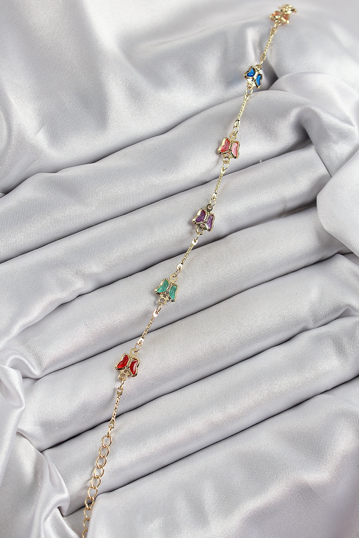 Pirinç Gold Renk Karışık Renk Kelebek Zirkon Taşlı Kadın Bileklik-1