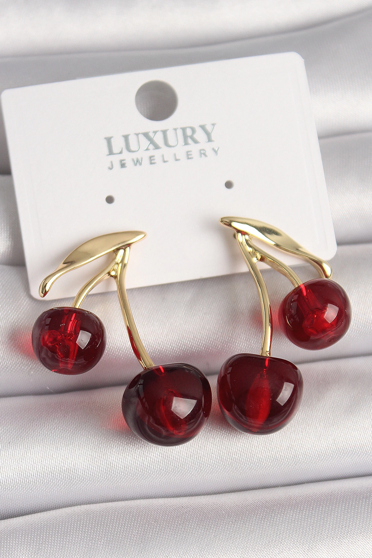 Pirinç Gold Renk Kırmızı Kiraz Model Kadın Küpe-0