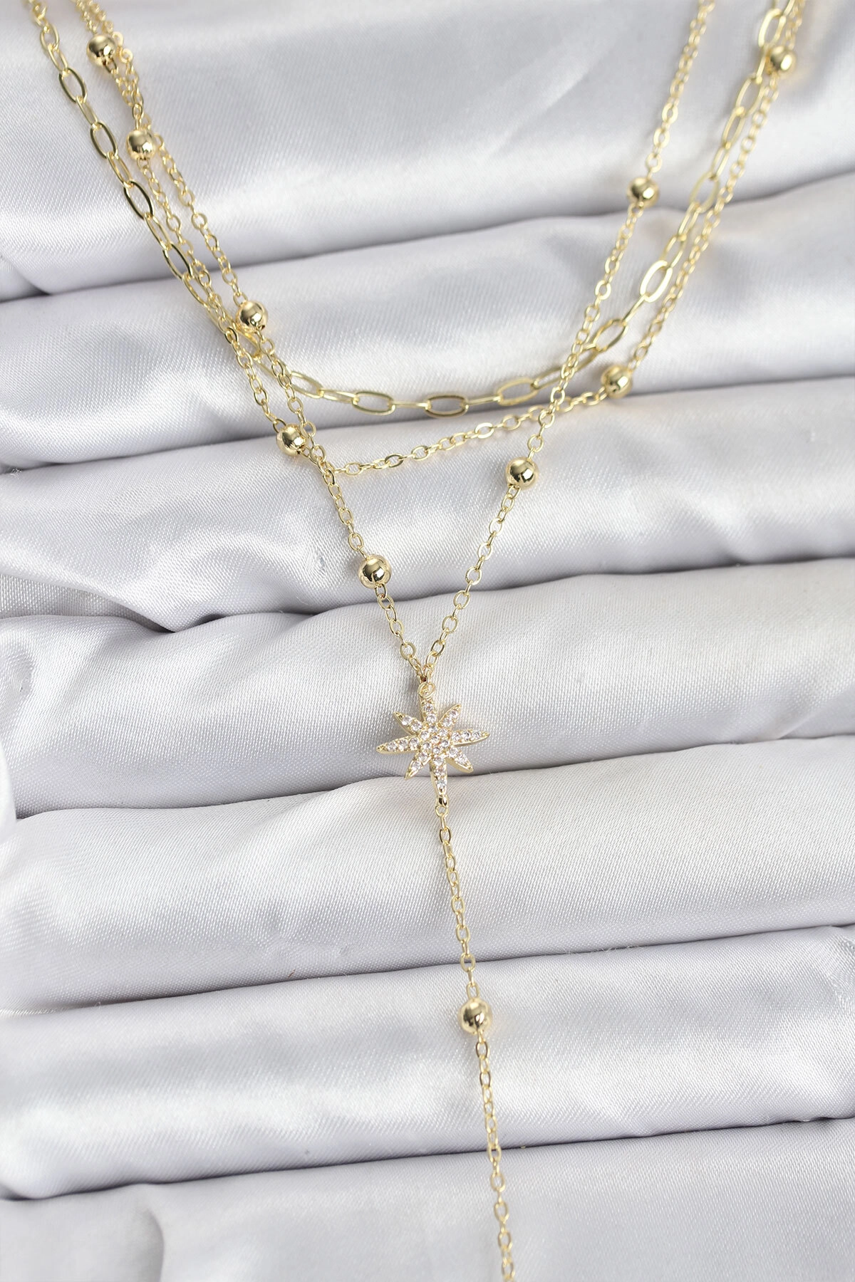 Pirinç Gold Renk Kutup Yıldızı Detaylı 3'lü Kombin Kadın Kolye-0