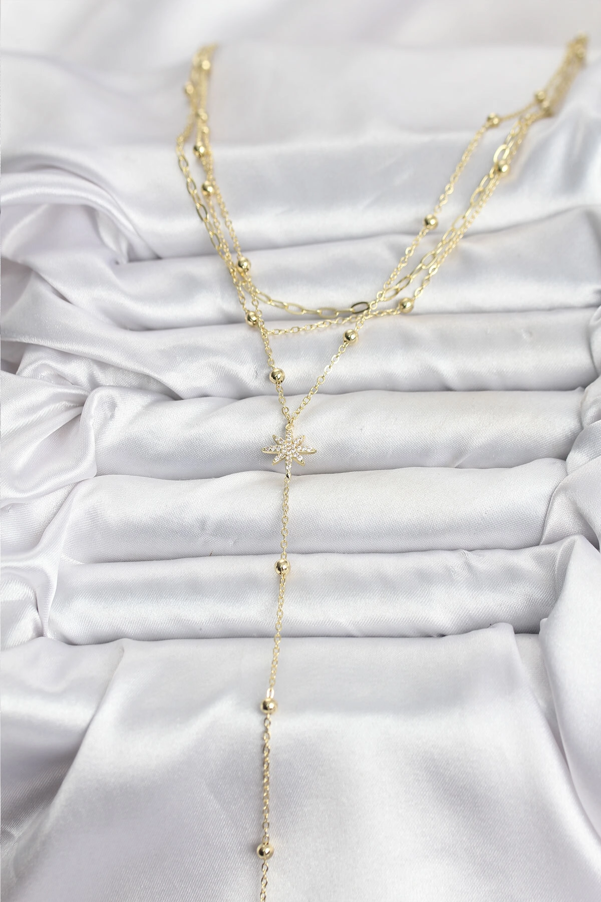 Pirinç Gold Renk Kutup Yıldızı Detaylı 3'lü Kombin Kadın Kolye-1